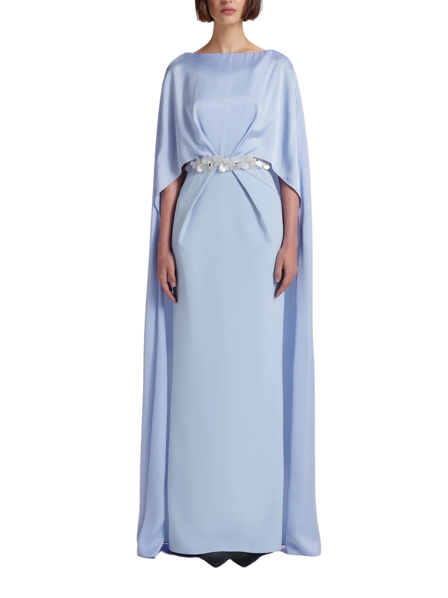 Column gown with deep pleats and elegant cape
