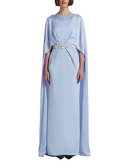 Column gown with deep pleats and elegant cape
