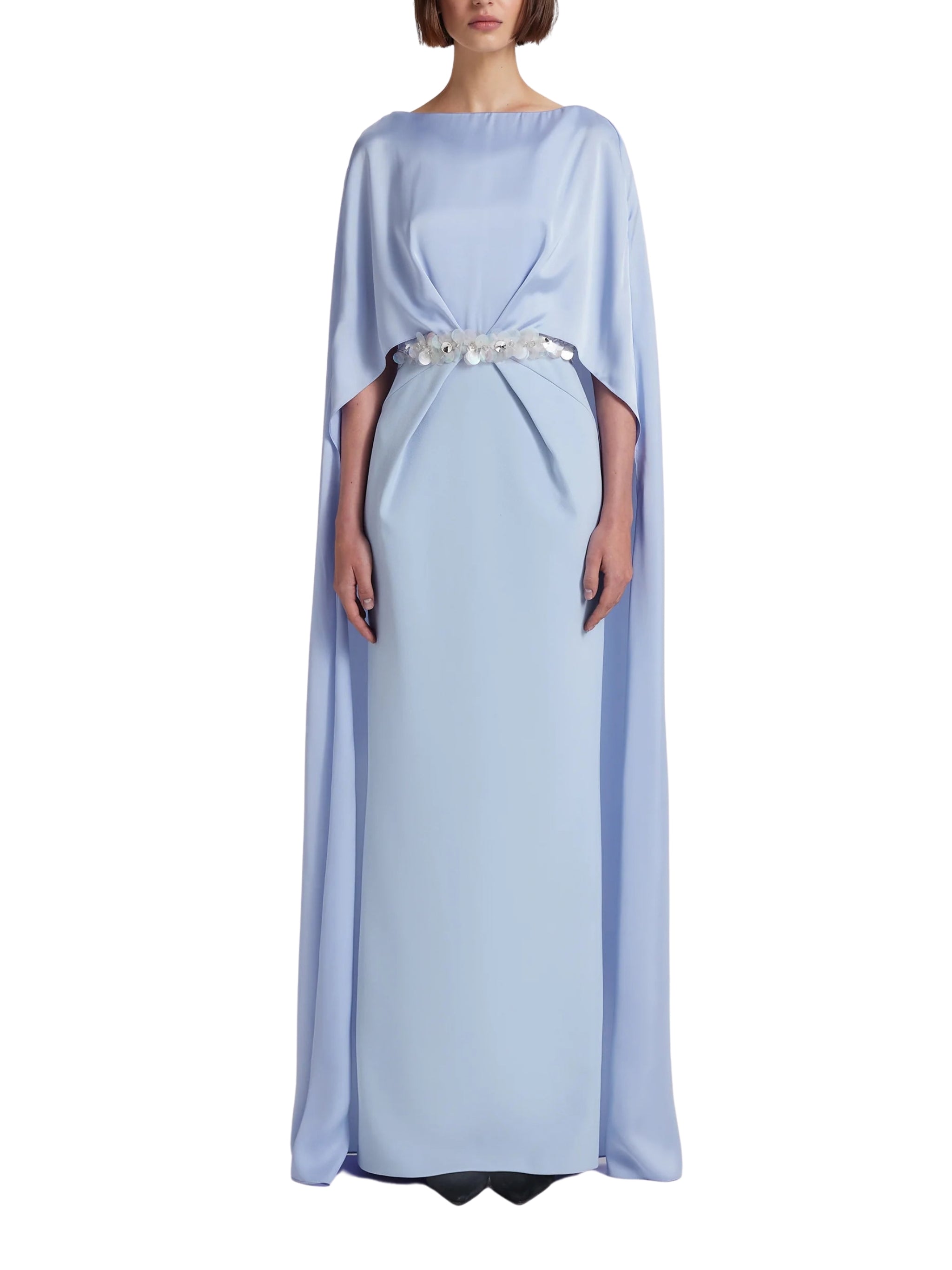 Column gown with deep pleats and elegant cape