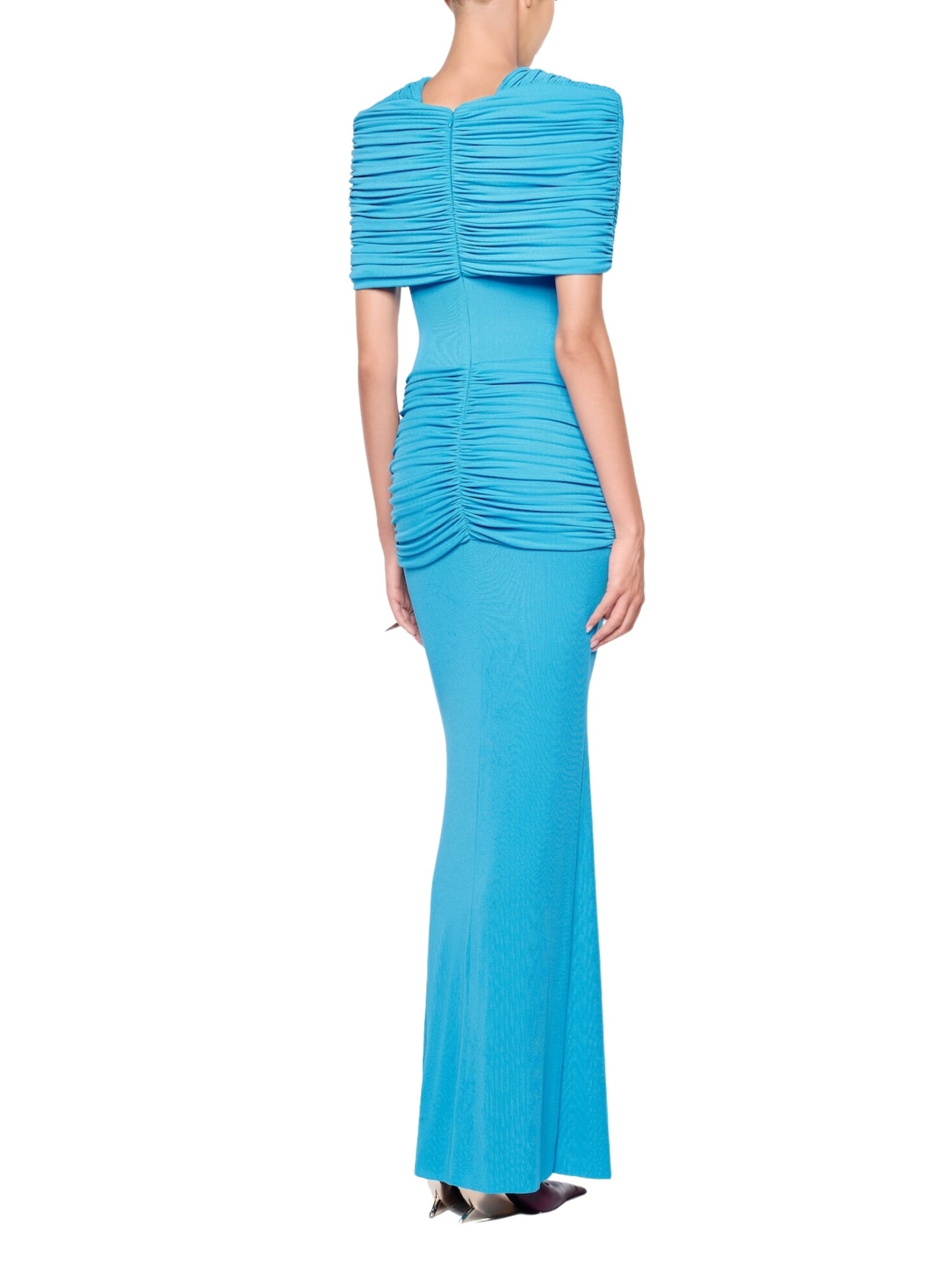 Off-shoulder long dress featuring symmetrical draping at the chest and hips highlighted by a premium metal accessory detail