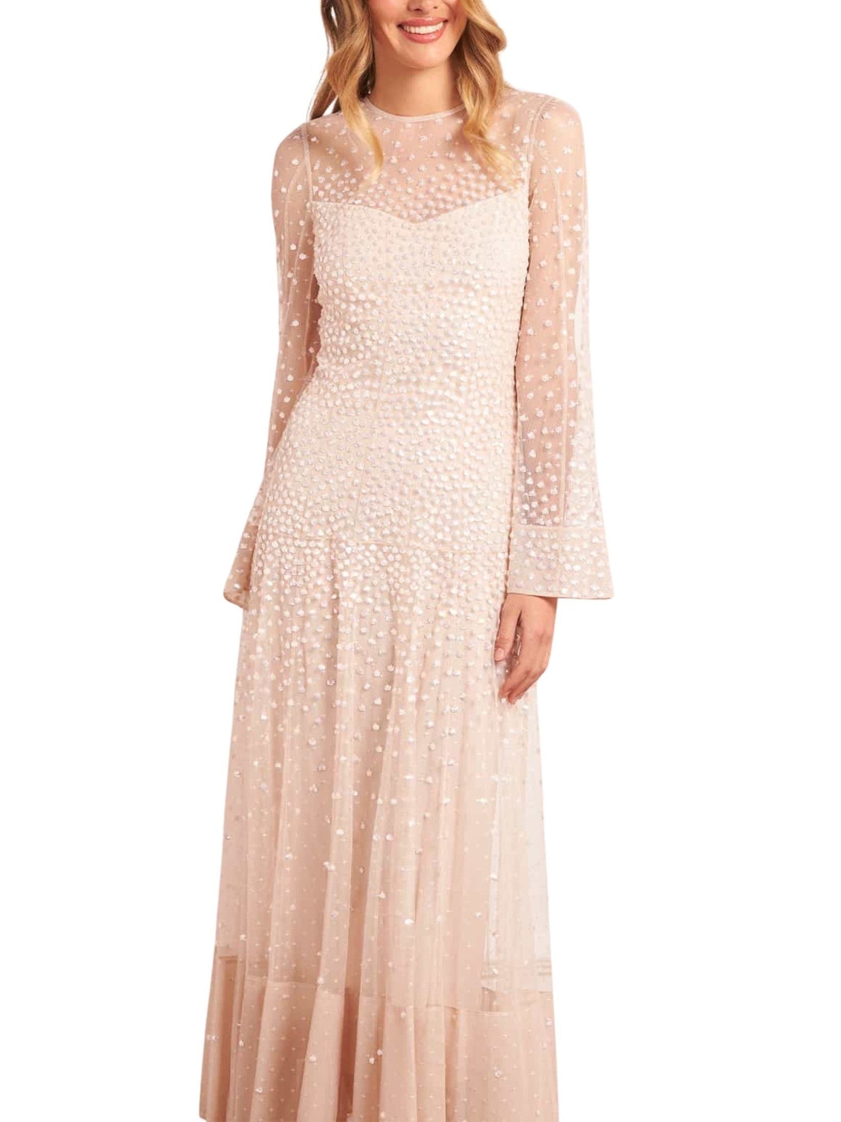 Sequin cascade long sleeve ankle gown