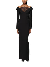 LACE INSERT CREPE COLUMN GOWN