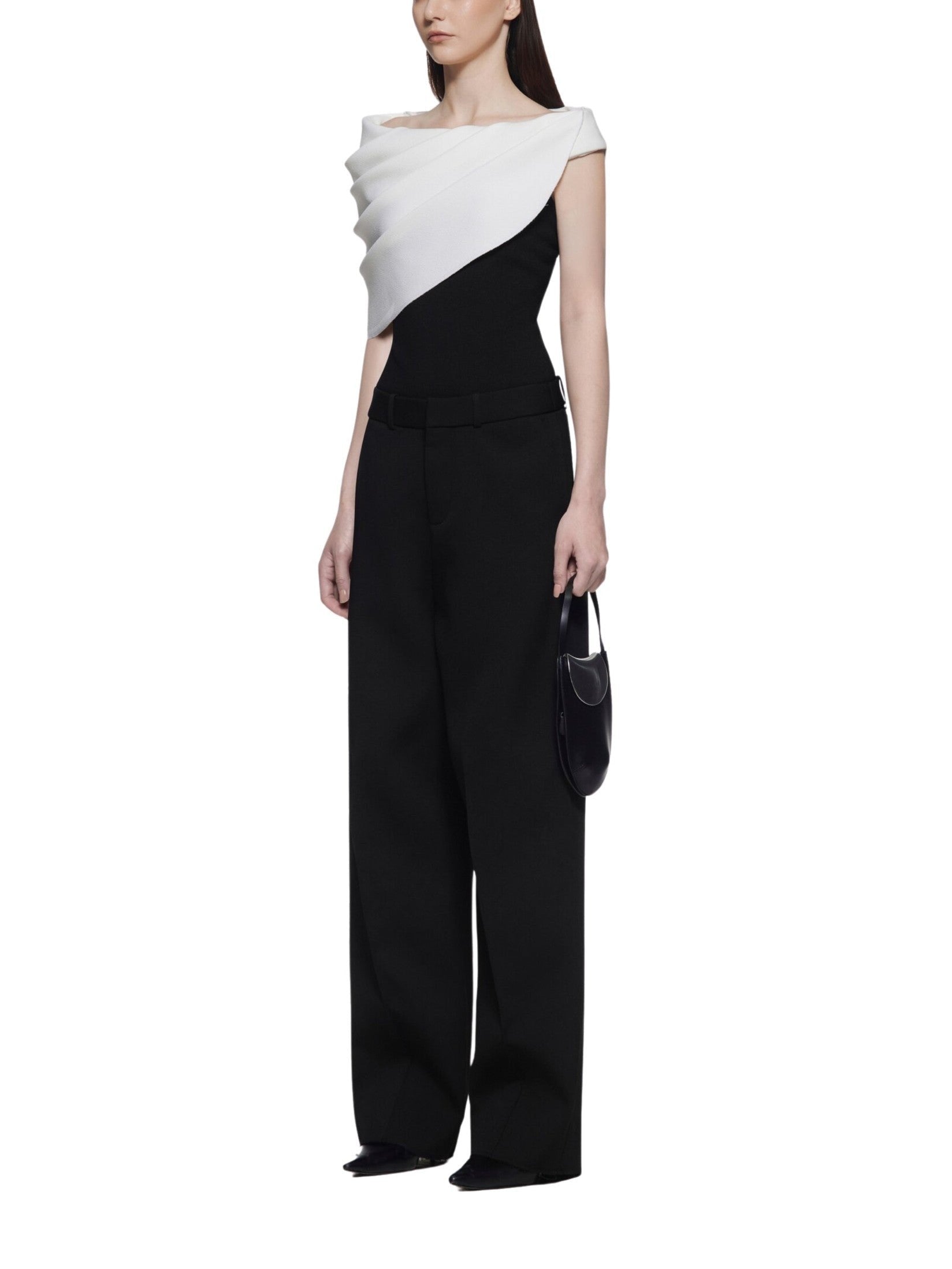 Off-shoulder bodysuit with cowl drapes and padded yoke