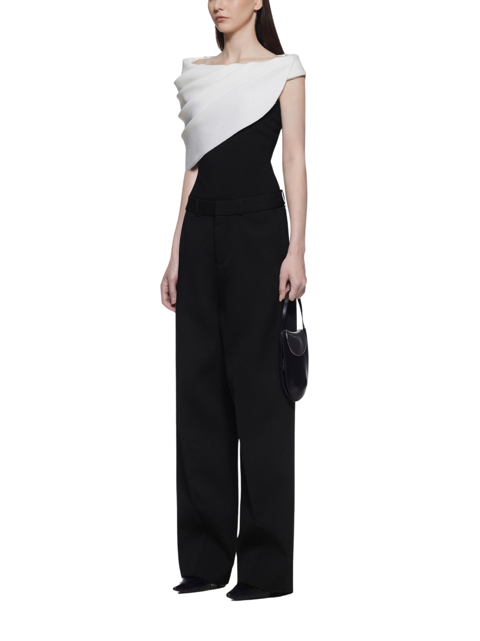 Off-shoulder bodysuit with cowl drapes and padded yoke
