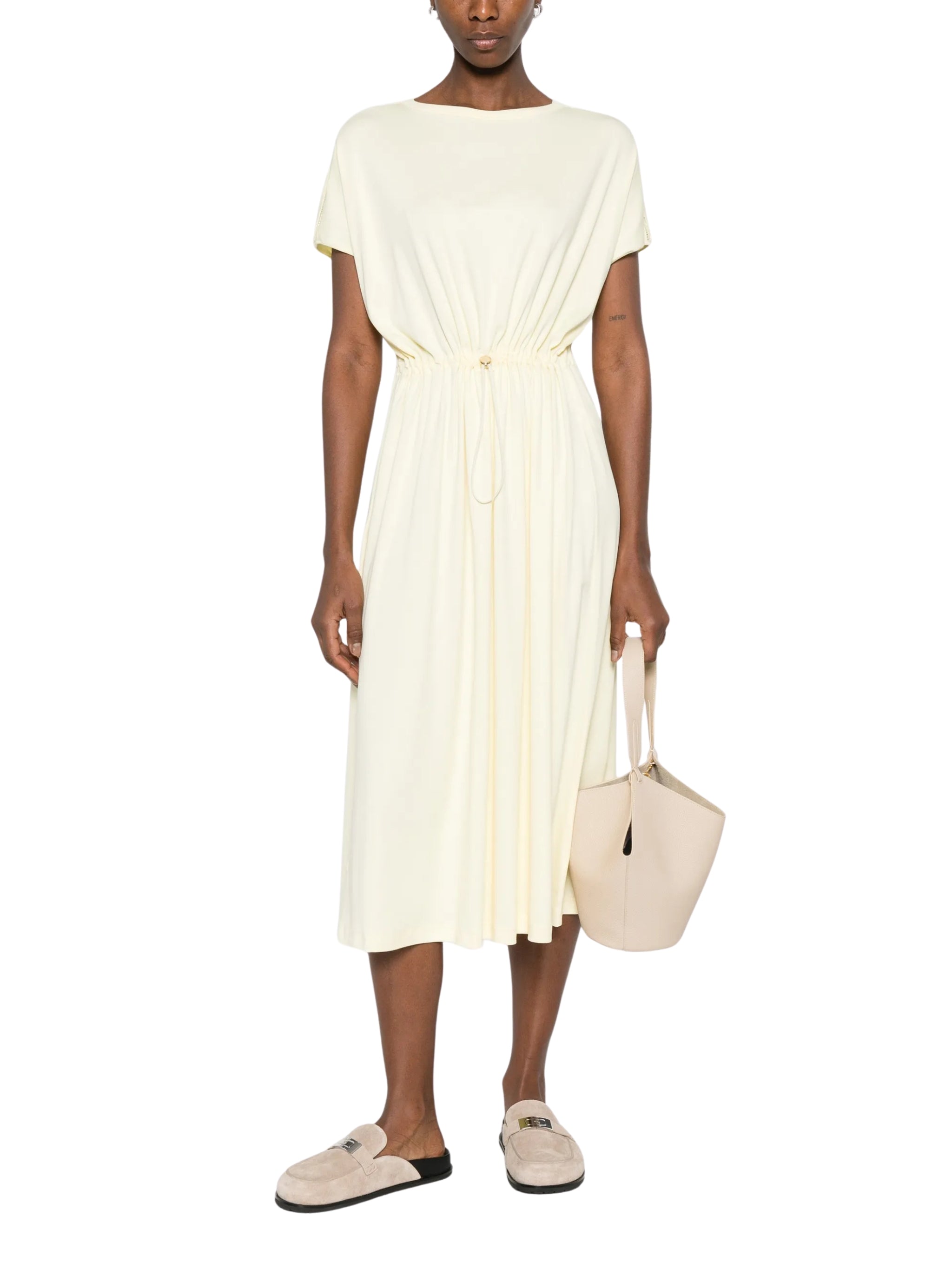 Ribbed jersey sack dress with knit brilliant shoulder detail