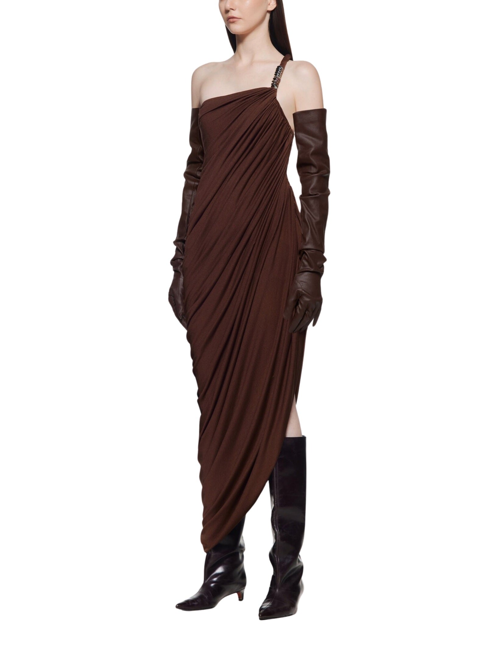 One-shoulder dress with asymmetrical waterfall draping and signature
