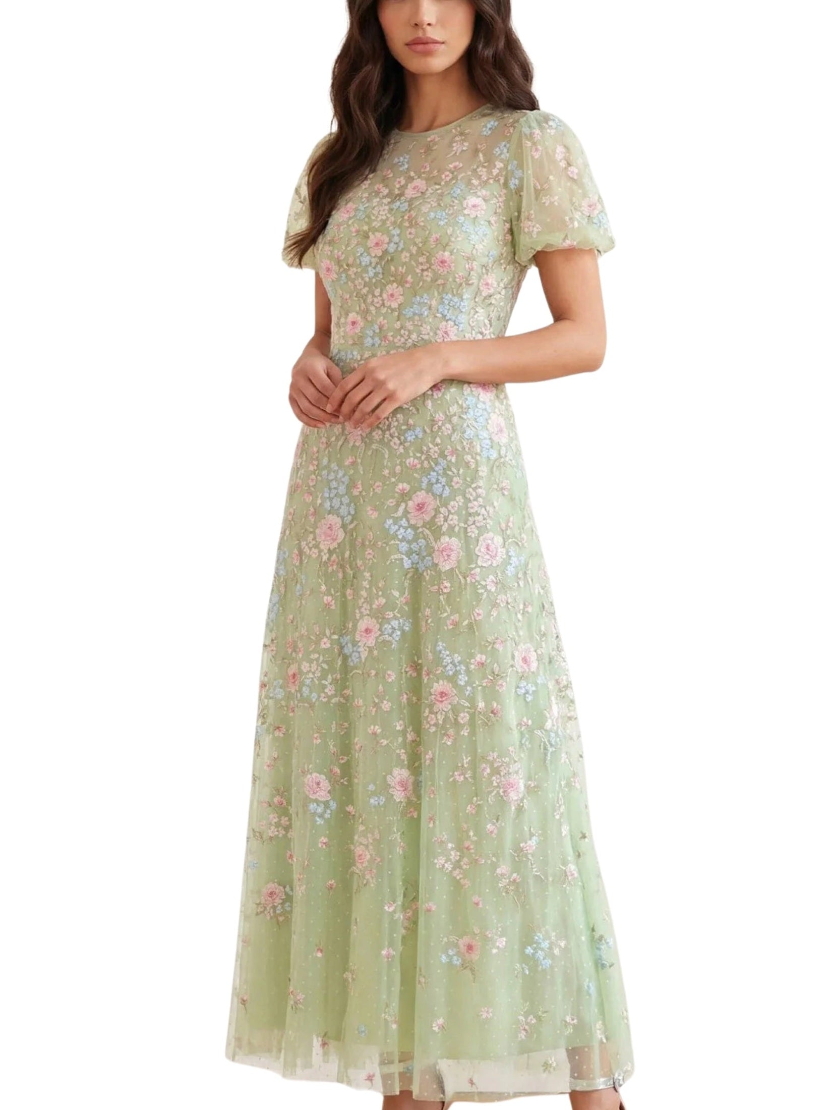Peony bouquet round neck ankle gown