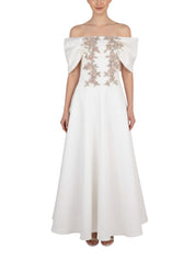 HAND EMBROIDERD PINK FLOWER ORGANZA WITH OFF SHOULDER SLEEVES BALOON DRESS A CUT