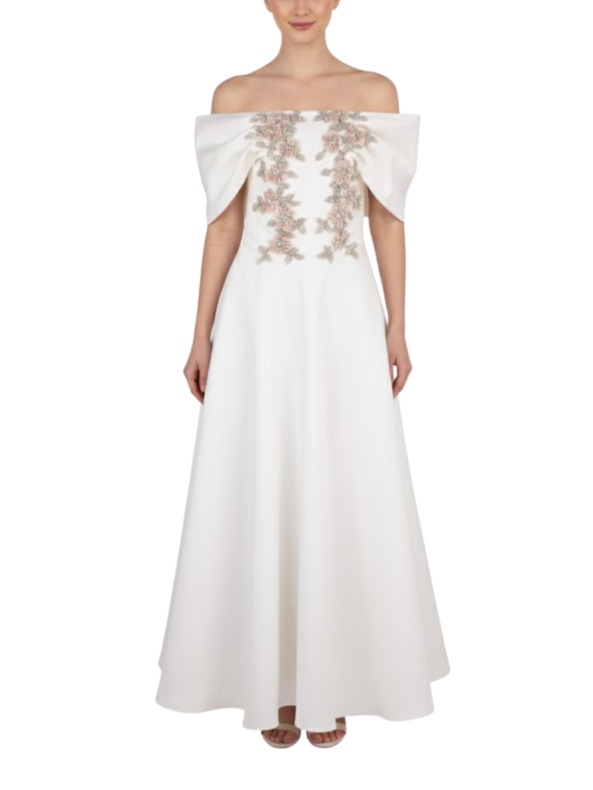 HAND EMBROIDERD PINK FLOWER ORGANZA WITH OFF SHOULDER SLEEVES BALOON DRESS A CUT