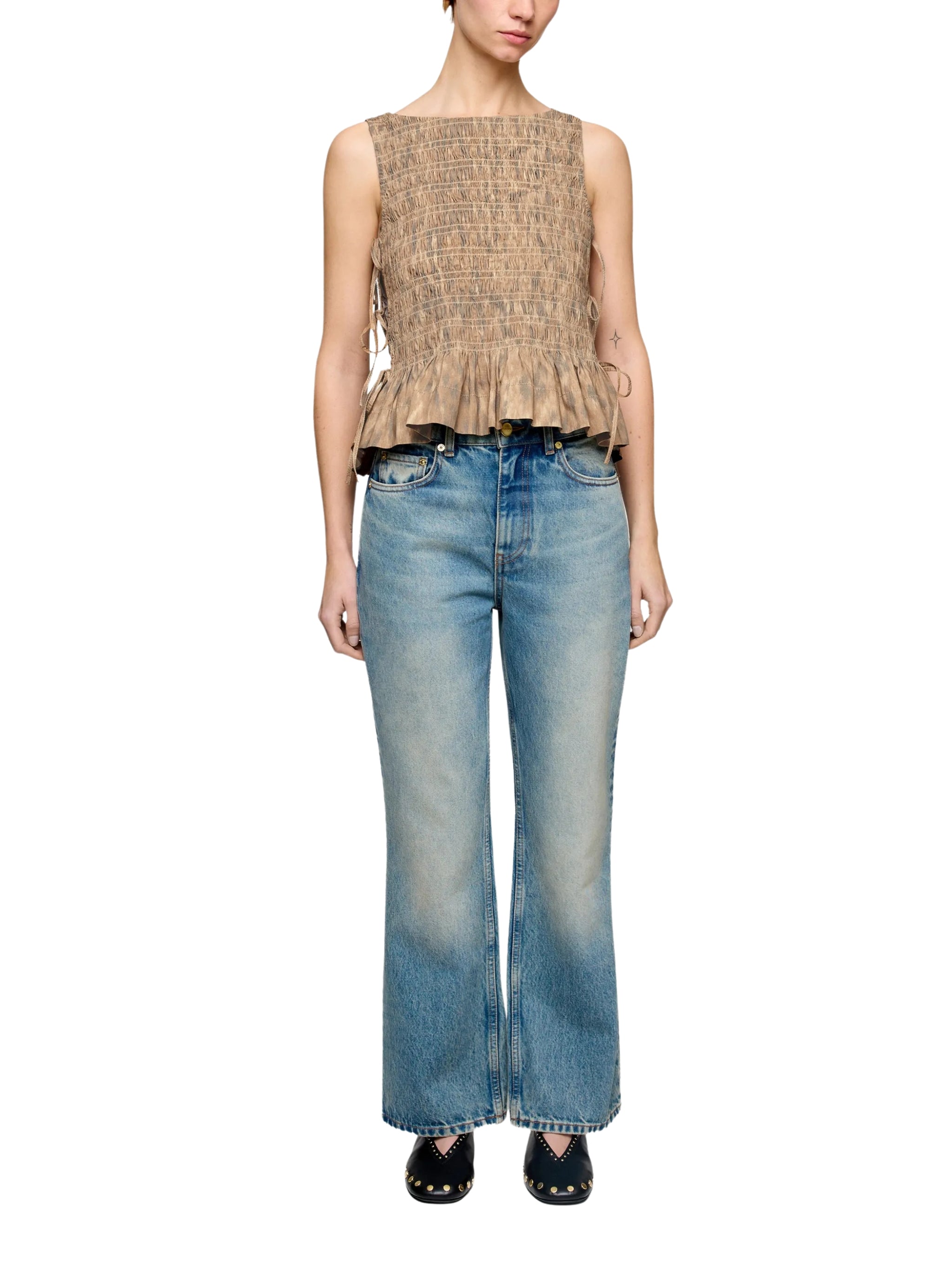 Printed stretch cotton smocked tie string top