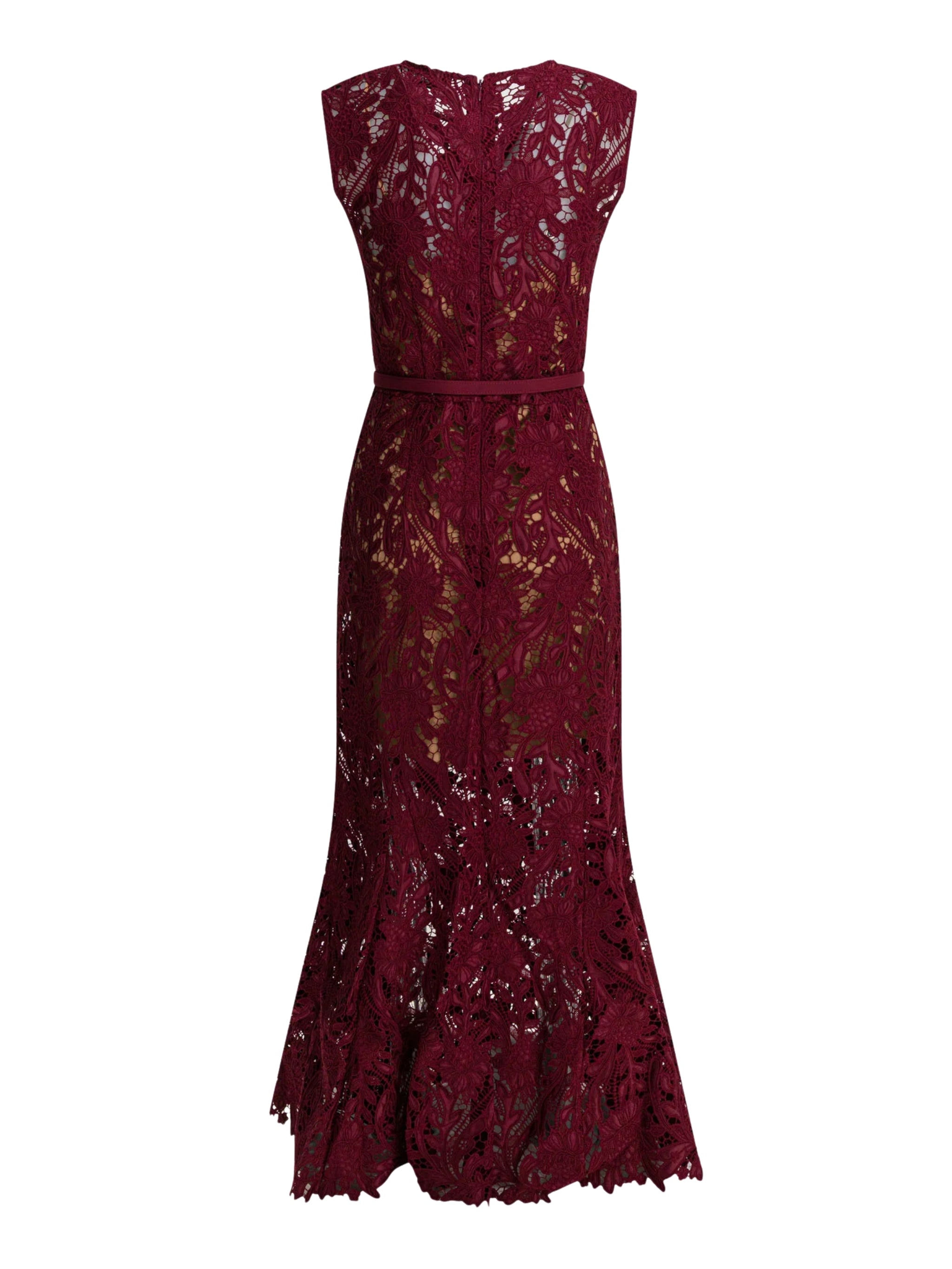 BURGUNDY GUIPURE LACE MIDI DRESS
