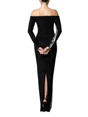 Off-the-shoulder suede gown embroidered with baguette stones