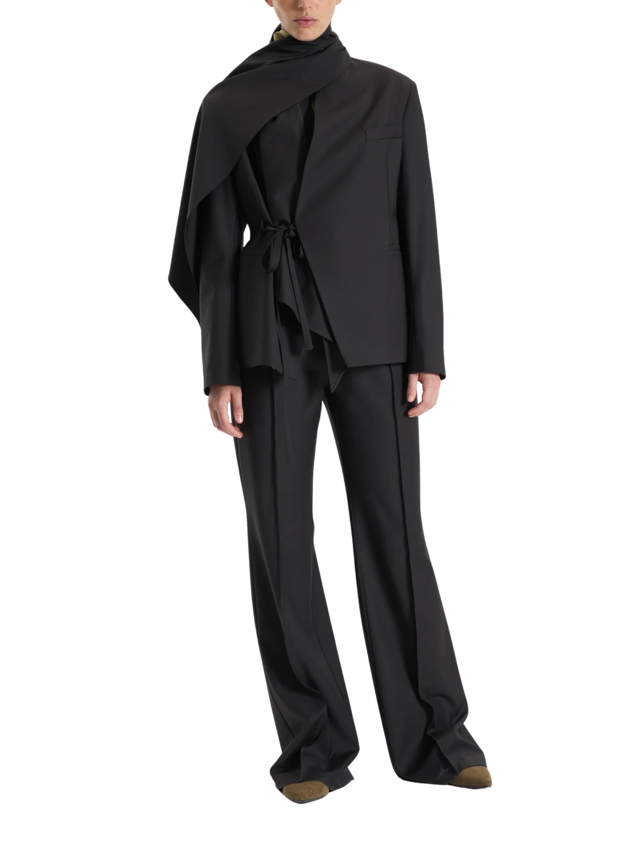 KHAKI BELTED DRAPED JACKET