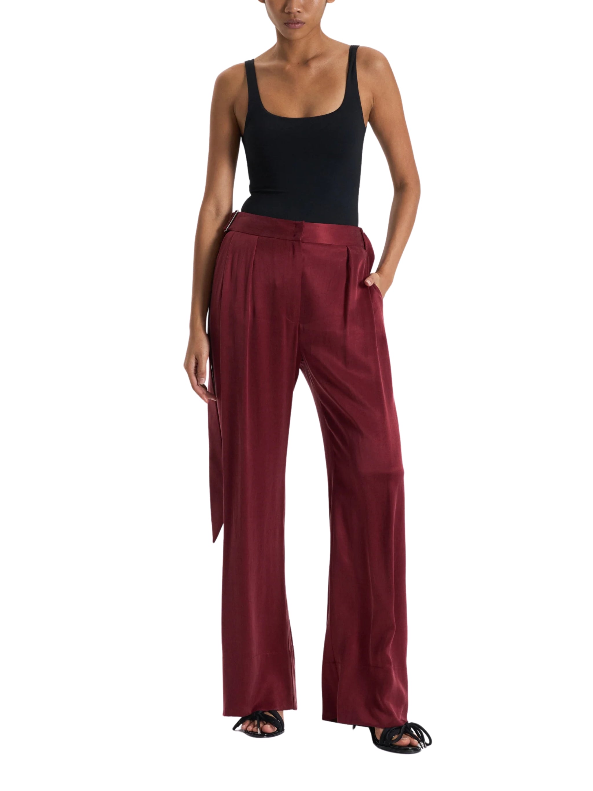 BURGUNDY BELTED PALAZZO TROUSERS