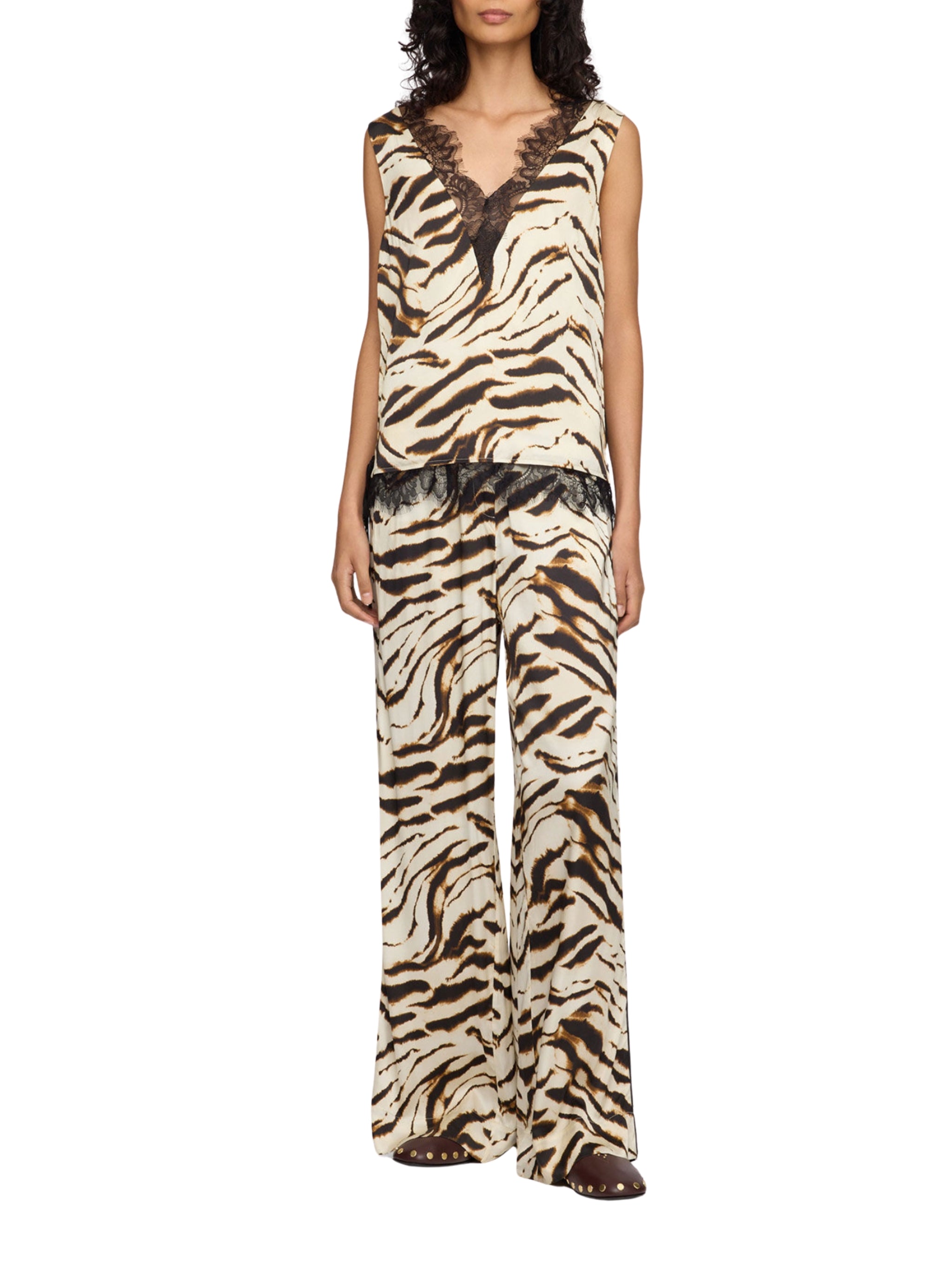 Printed stretch satin v-neck lace slip top