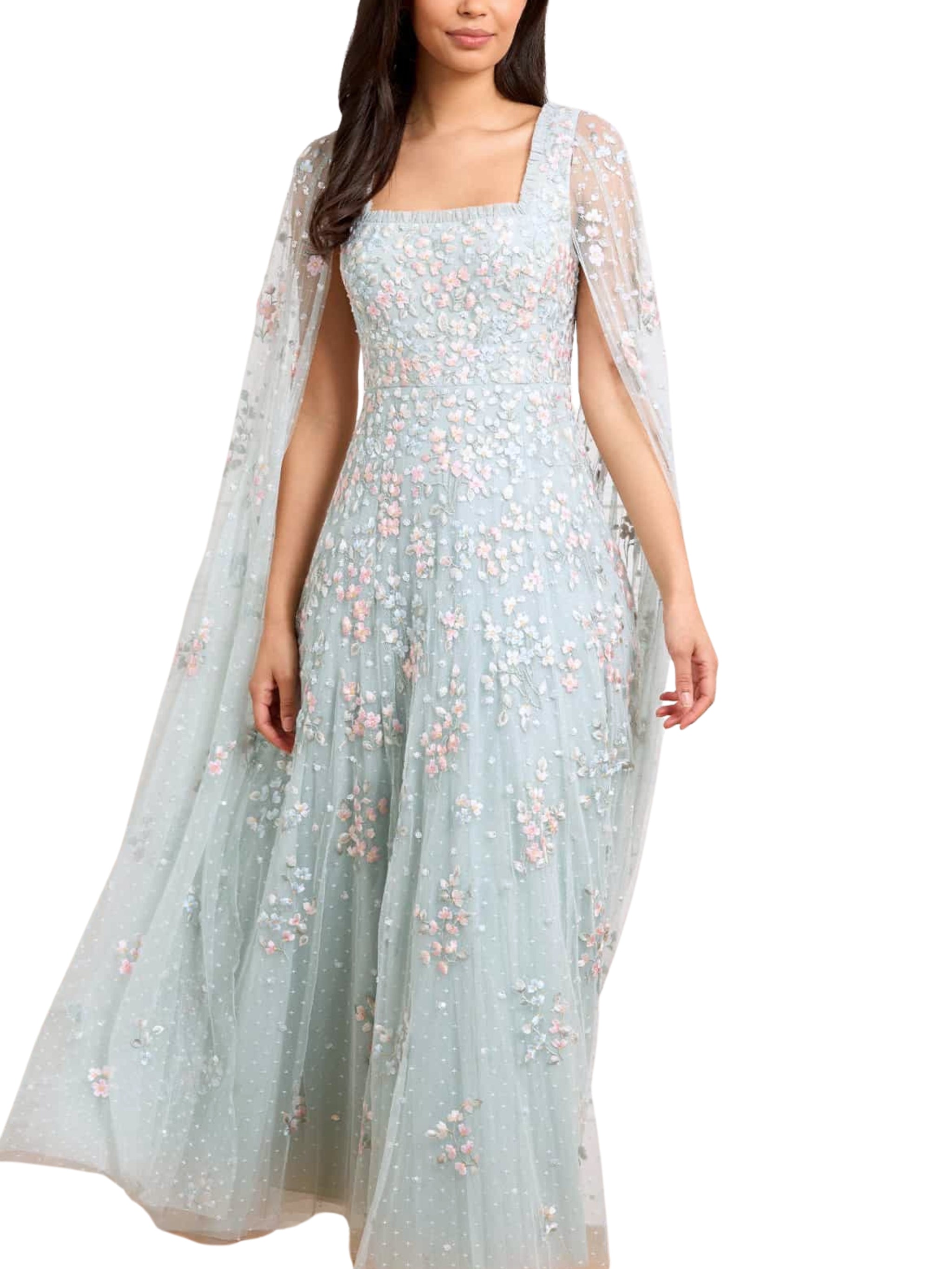 VERSAILLES DITSY CAPE SLEEVE ANKLE GOWN