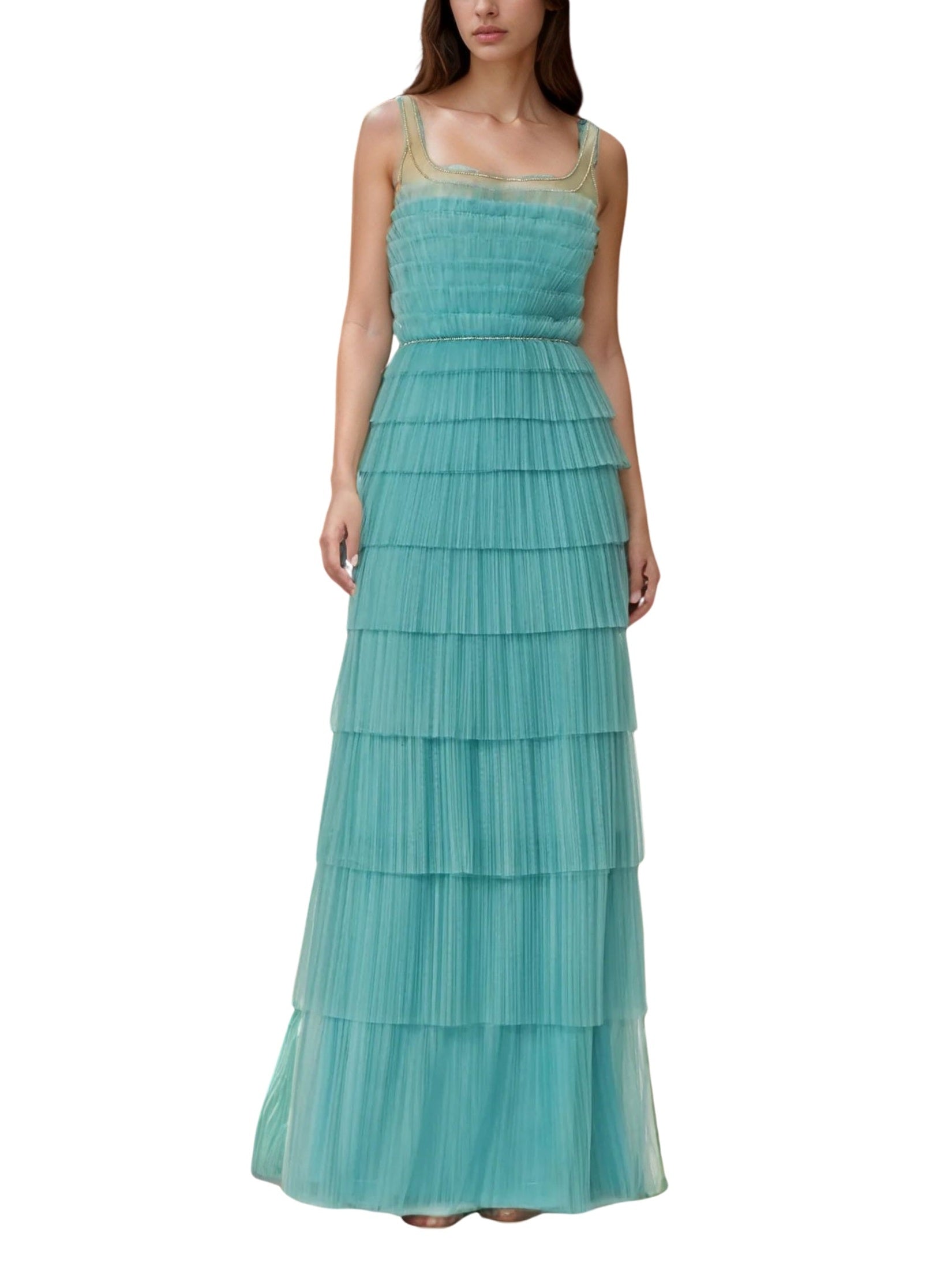 Arin plisse french tulle & chantilly lace tiered dress with illusion-neckline
