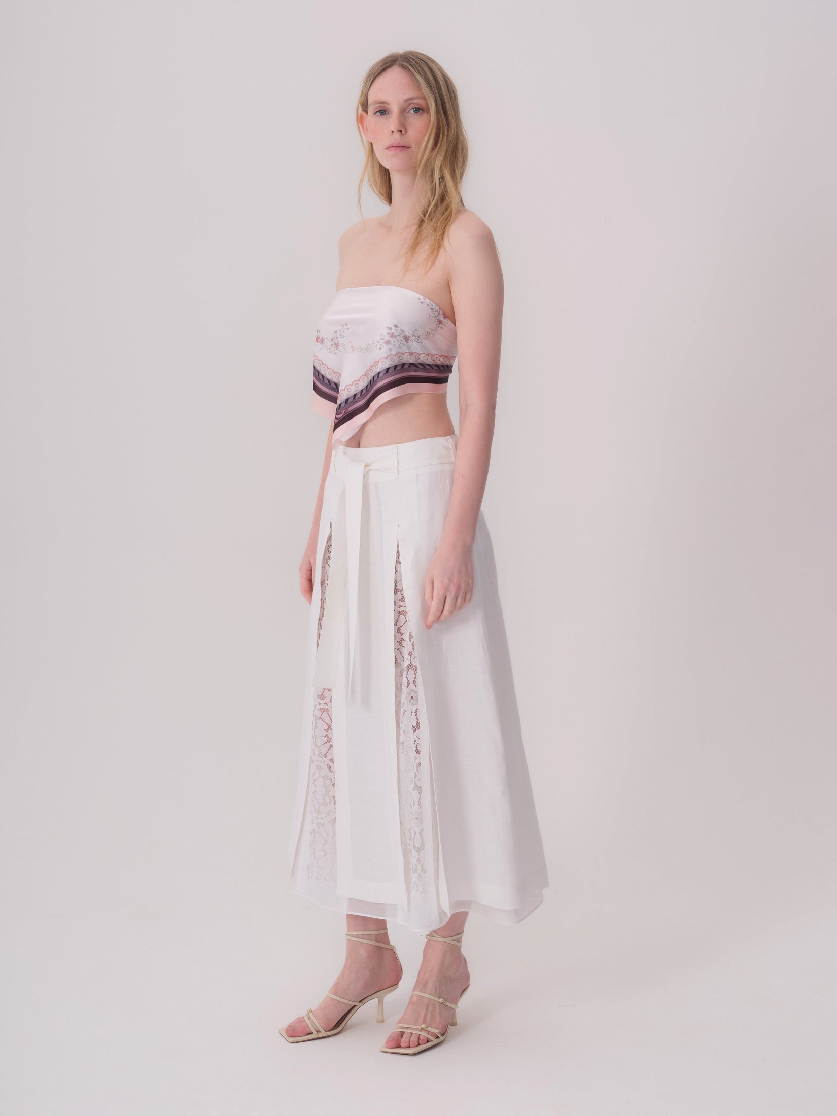 Belted Linen Skirt with Lace and Slit Detail