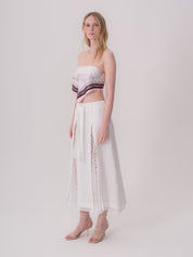 Belted Linen Skirt with Lace and Slit Detail