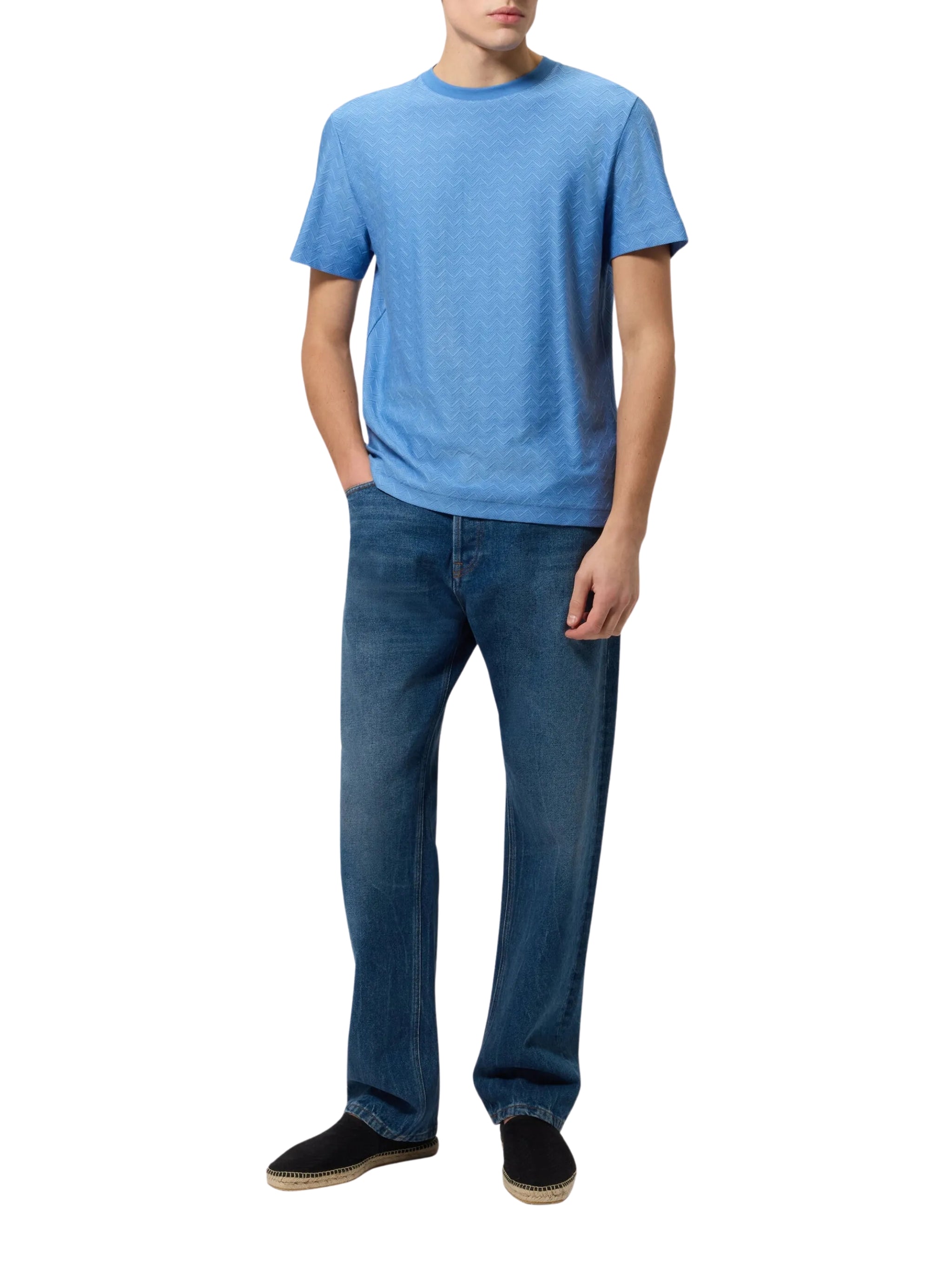 Crew-neck cotton jacquard T-shirt with tone-on-tone zigzag design