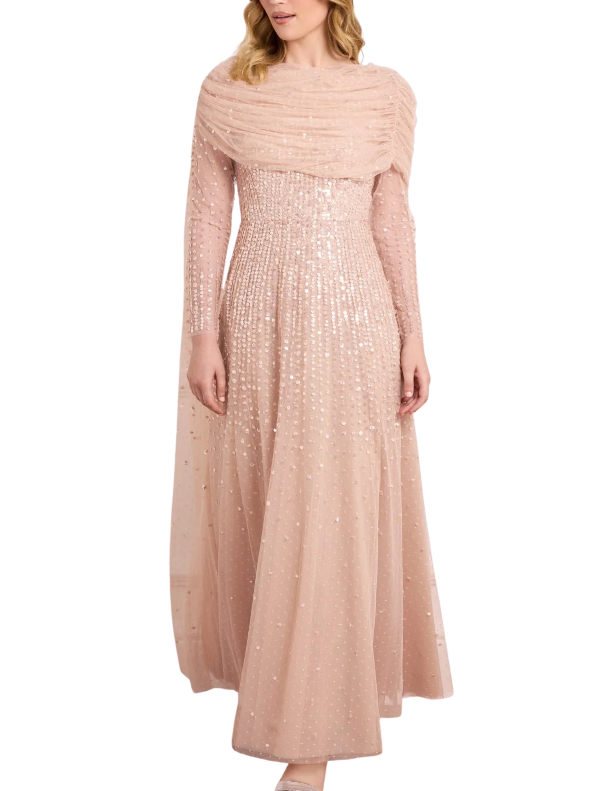Moonlight sequin draped long sleeve gown