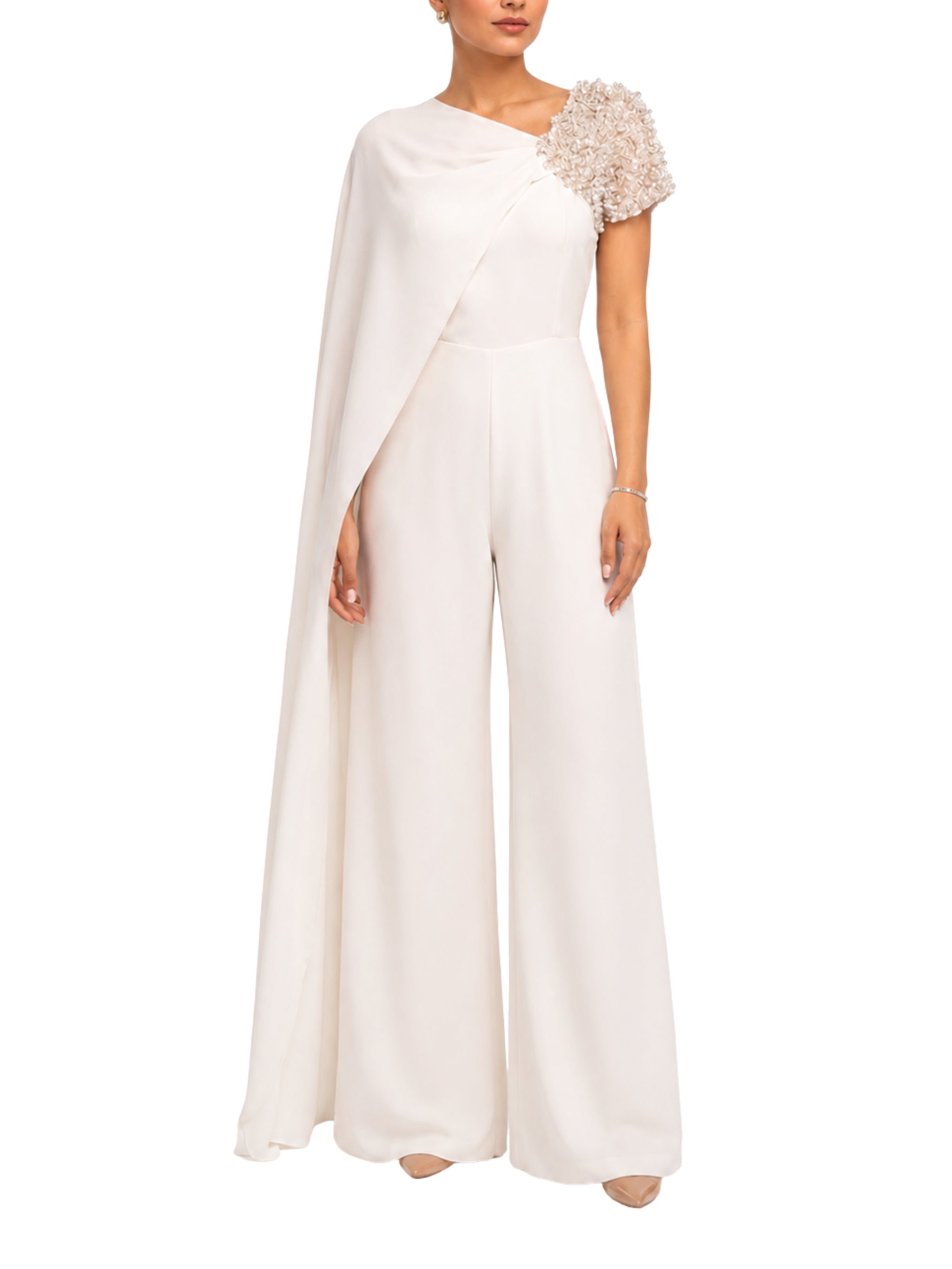 White Jumpsuit with Scarf and Embroidered Sequins
