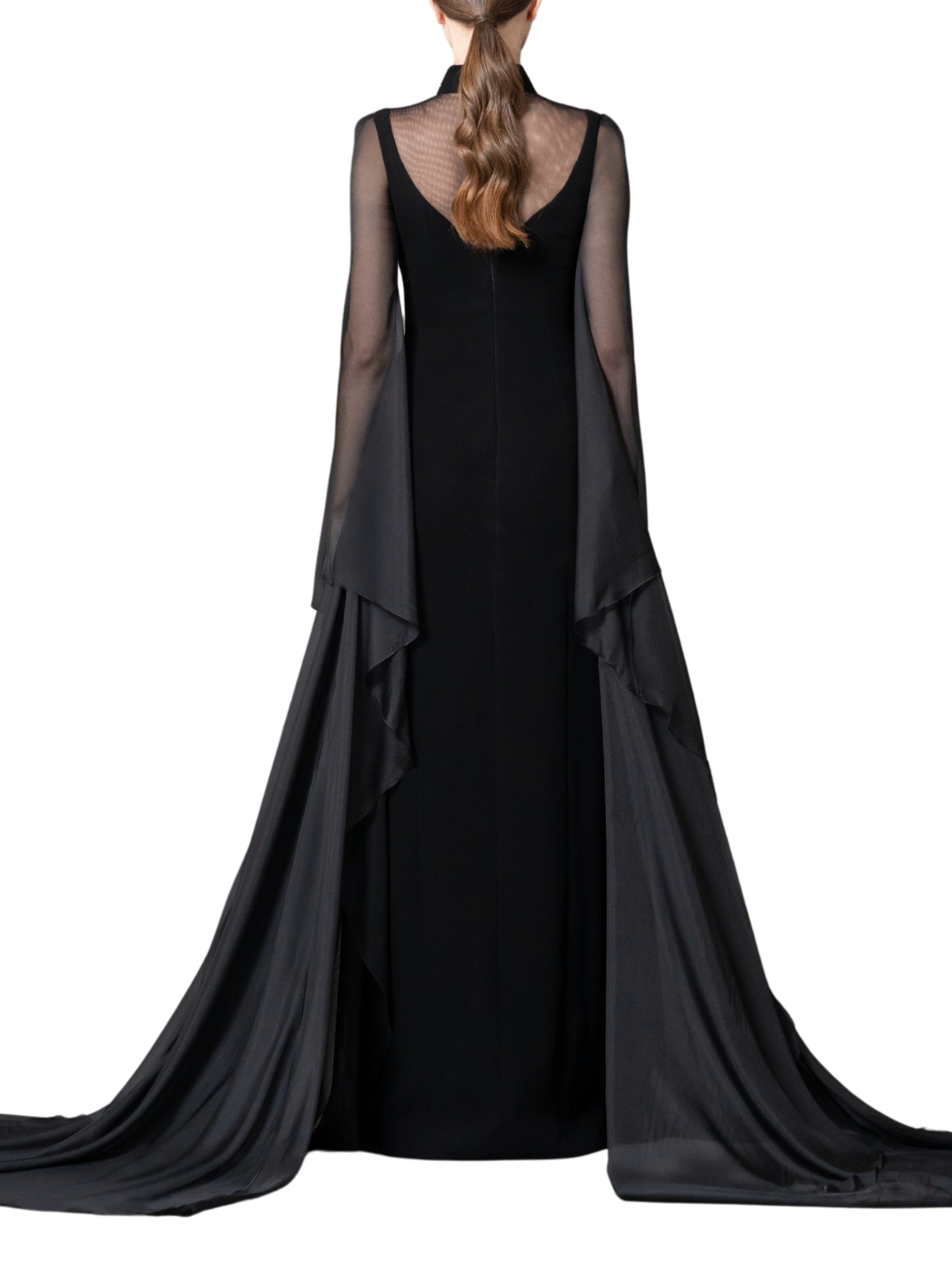 A high-neck gown featuring a crystal-embellished collar and cascading chiffon sleeves with chiffon godets that create a flowing movement.