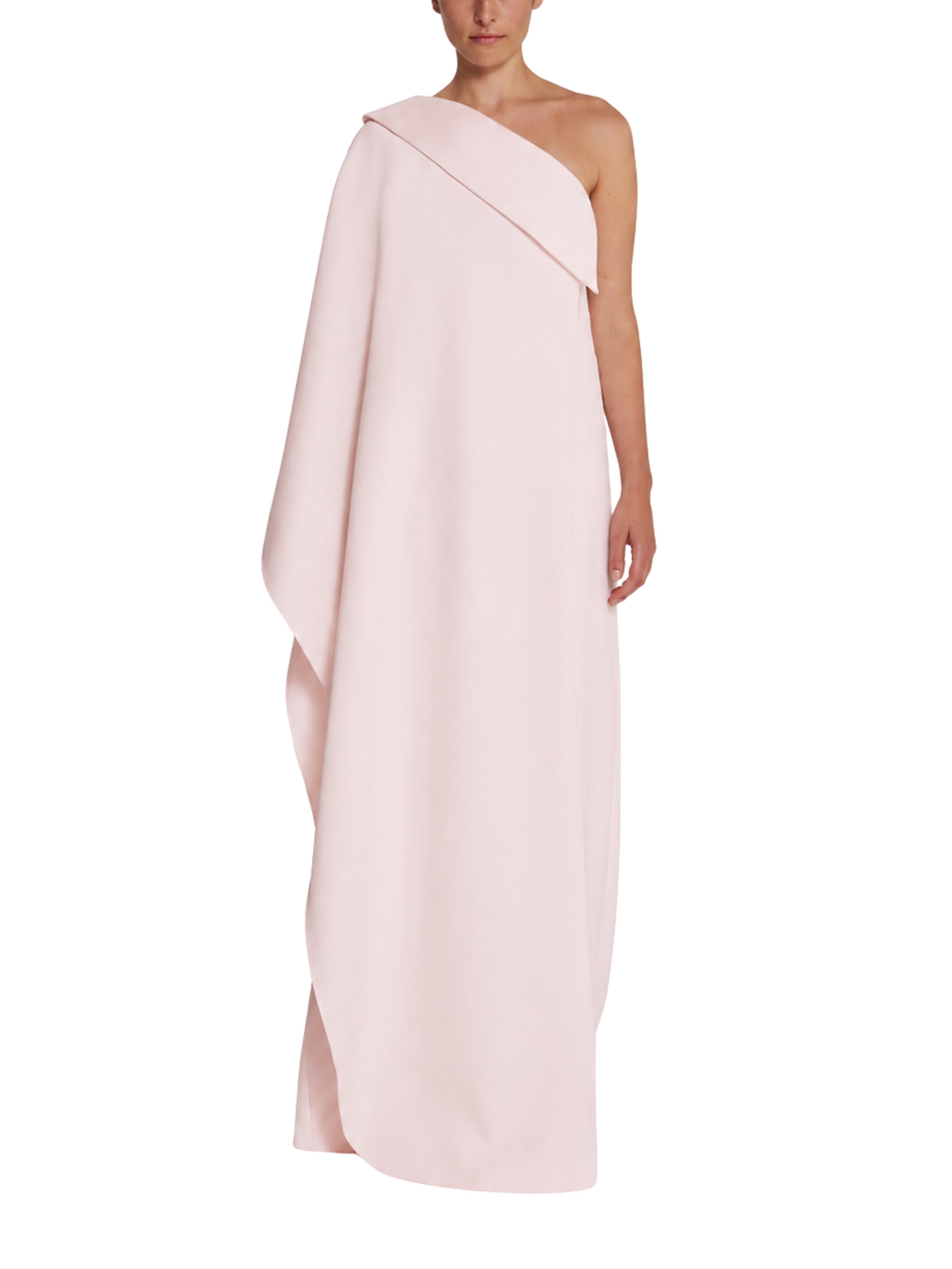 Asymmetric gown with drapped sleeve detail