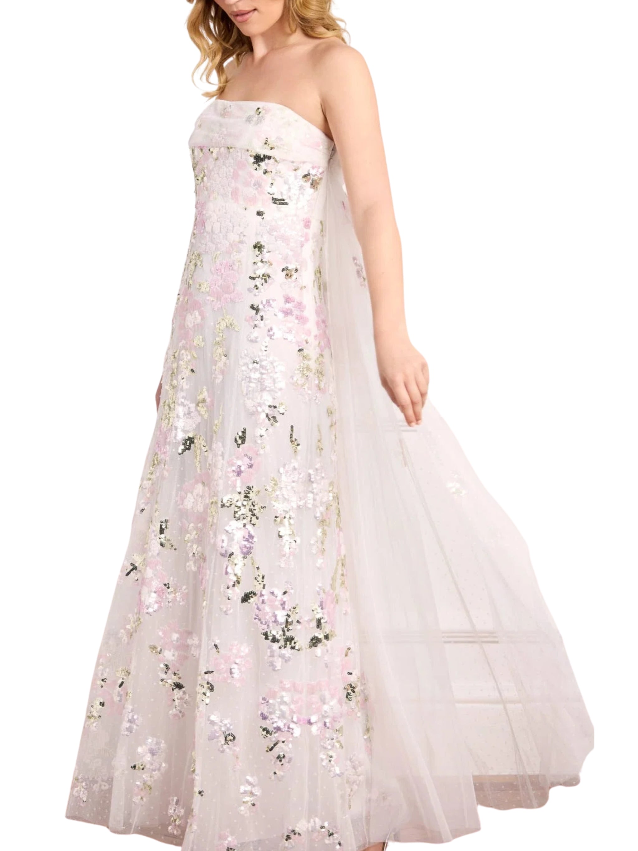 Wisteria sequin strapless cape gown