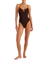 Mia beaded swim - m metallic crinkle metallic chocolate