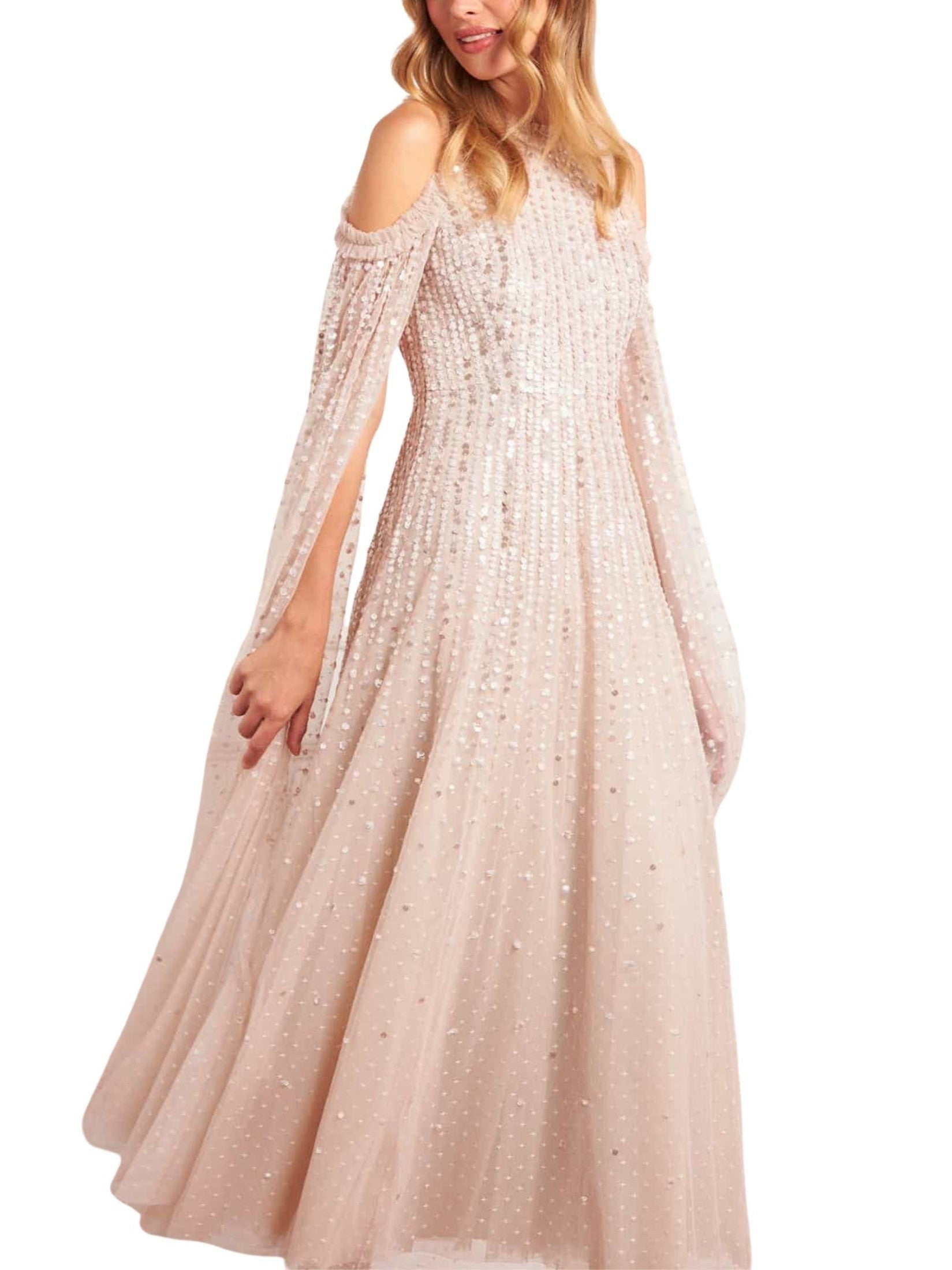 Moonlight sequin cape sleeve ankle gown