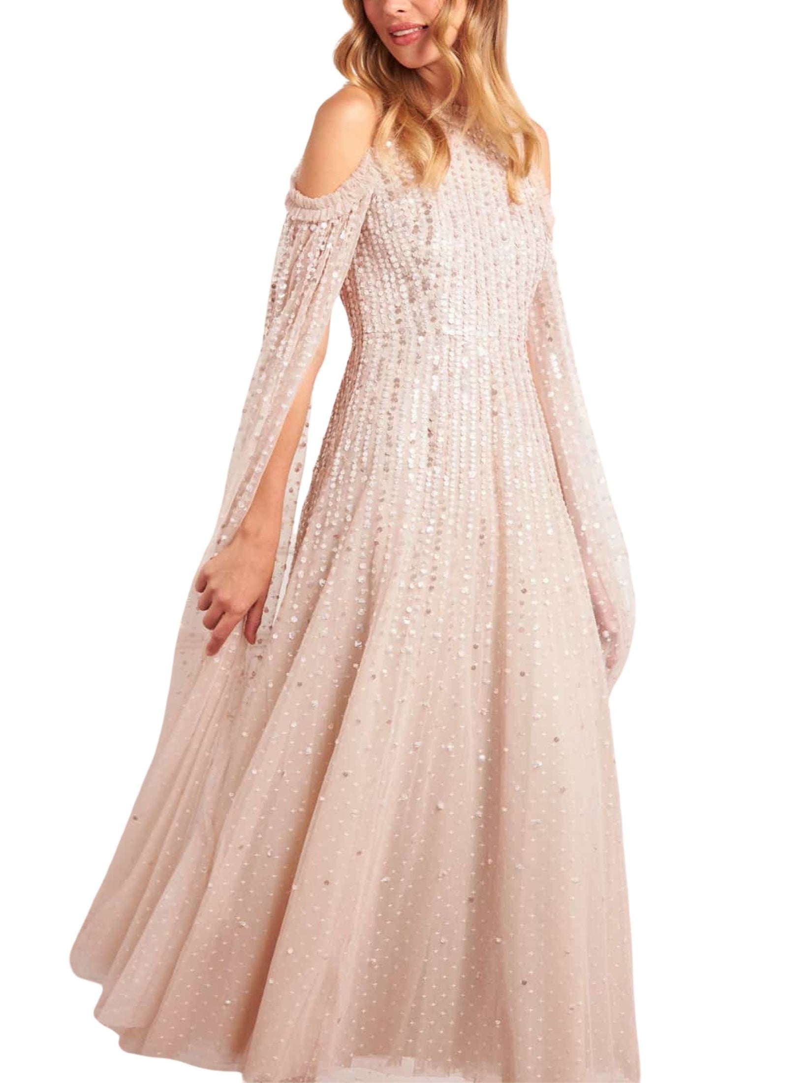 Moonlight sequin cape sleeve ankle gown
