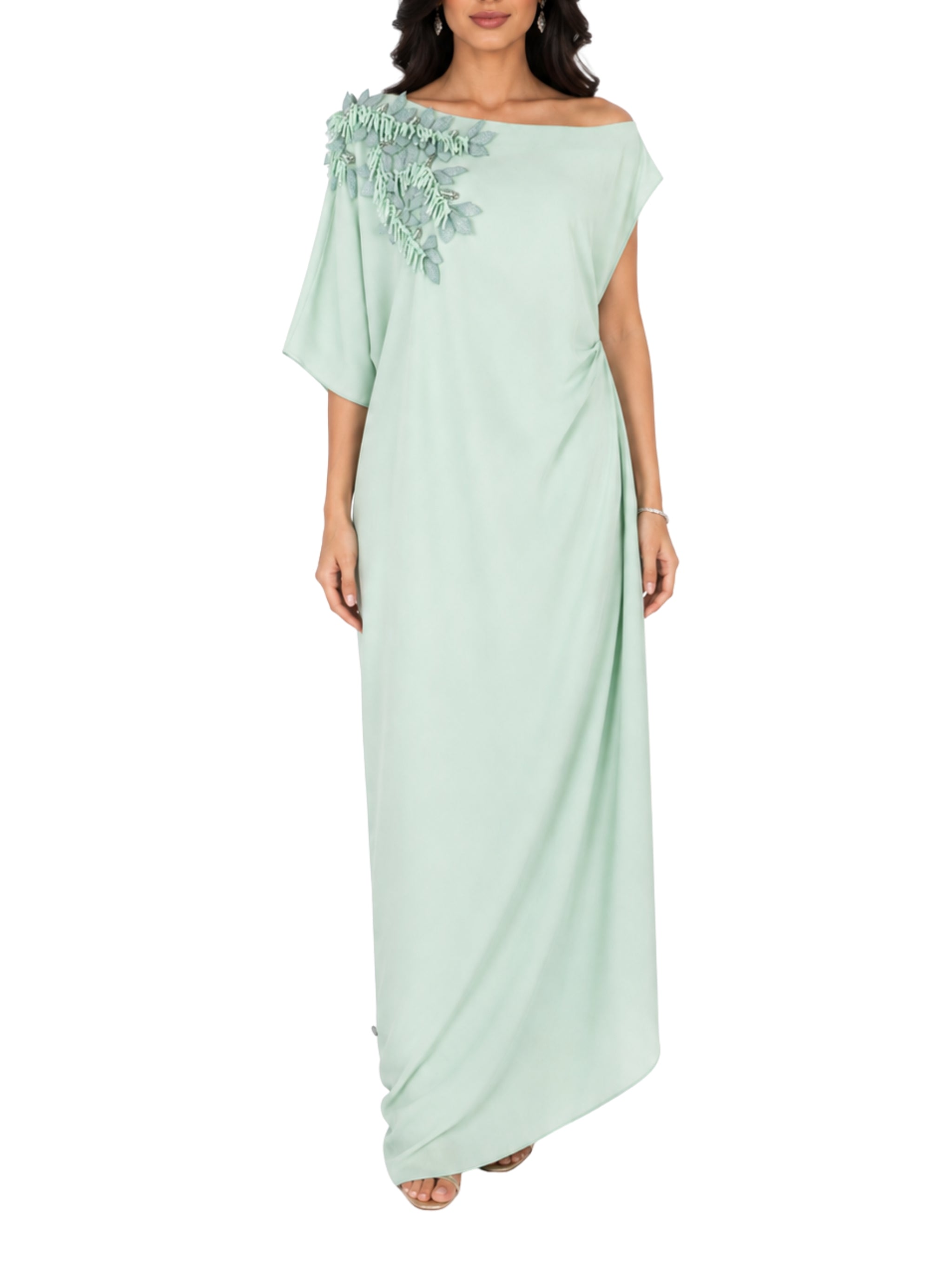 Hand embroiderd sholder  slanting short sleeves and off shoulder