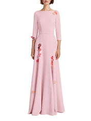 Sharp boat neck gown with asymmetric godets