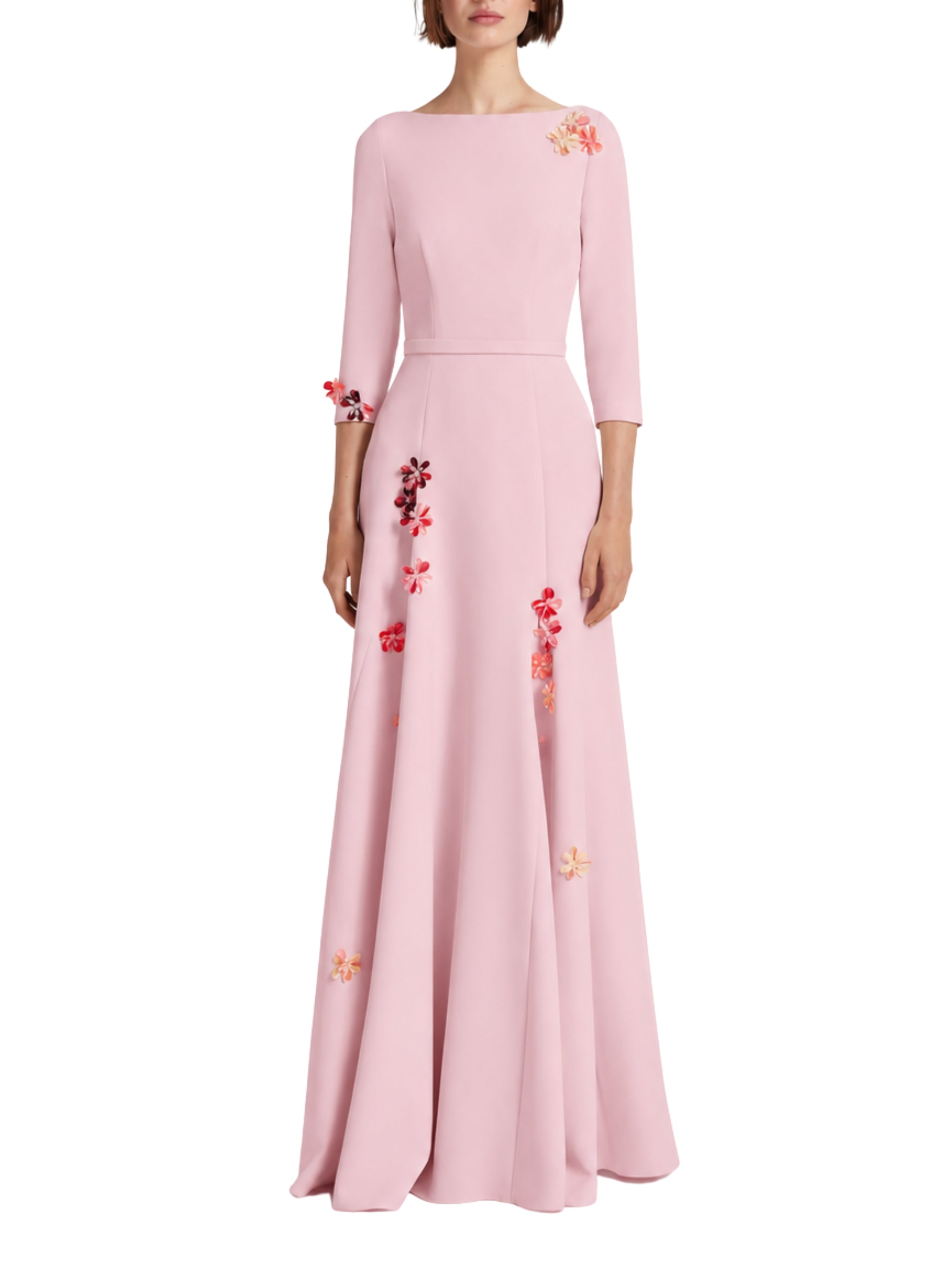 Sharp boat neck gown with asymmetric godets