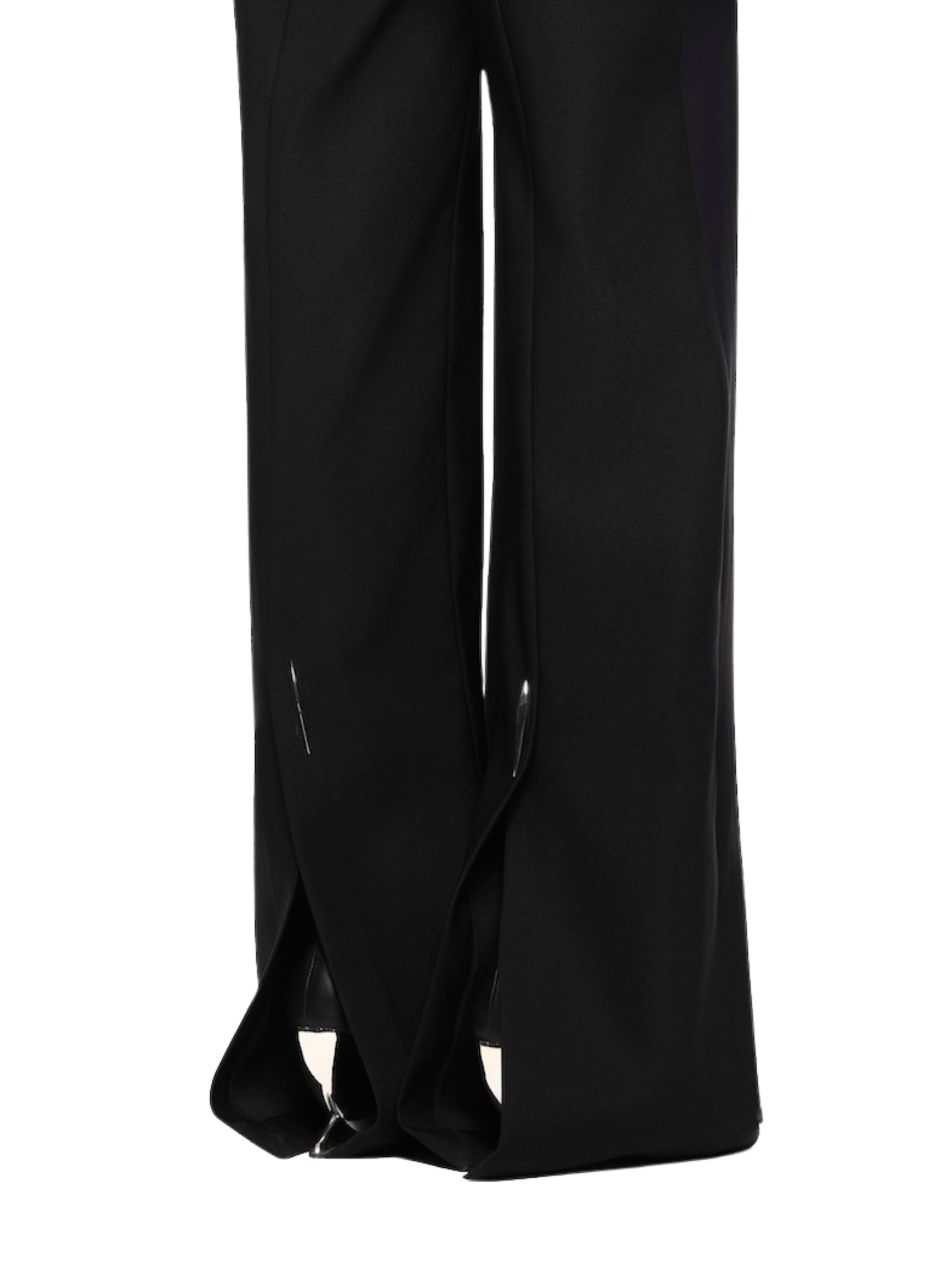 Low-rise flared trousers with a back slit accented with a metal accessory