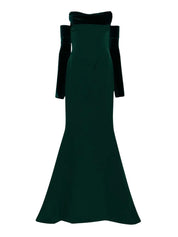 Raven Crepe and Velvet Dress in Dark-Green