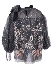 Savi double layer tulle gathered-sleeve blouse with neckline 3d detail and lame embroidery applique