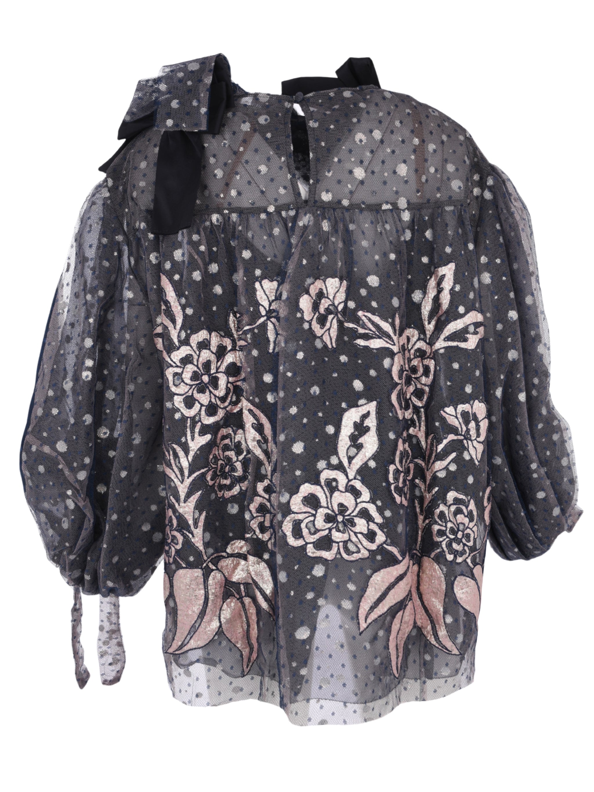 Savi double layer tulle gathered-sleeve blouse with neckline 3d detail and lame embroidery applique