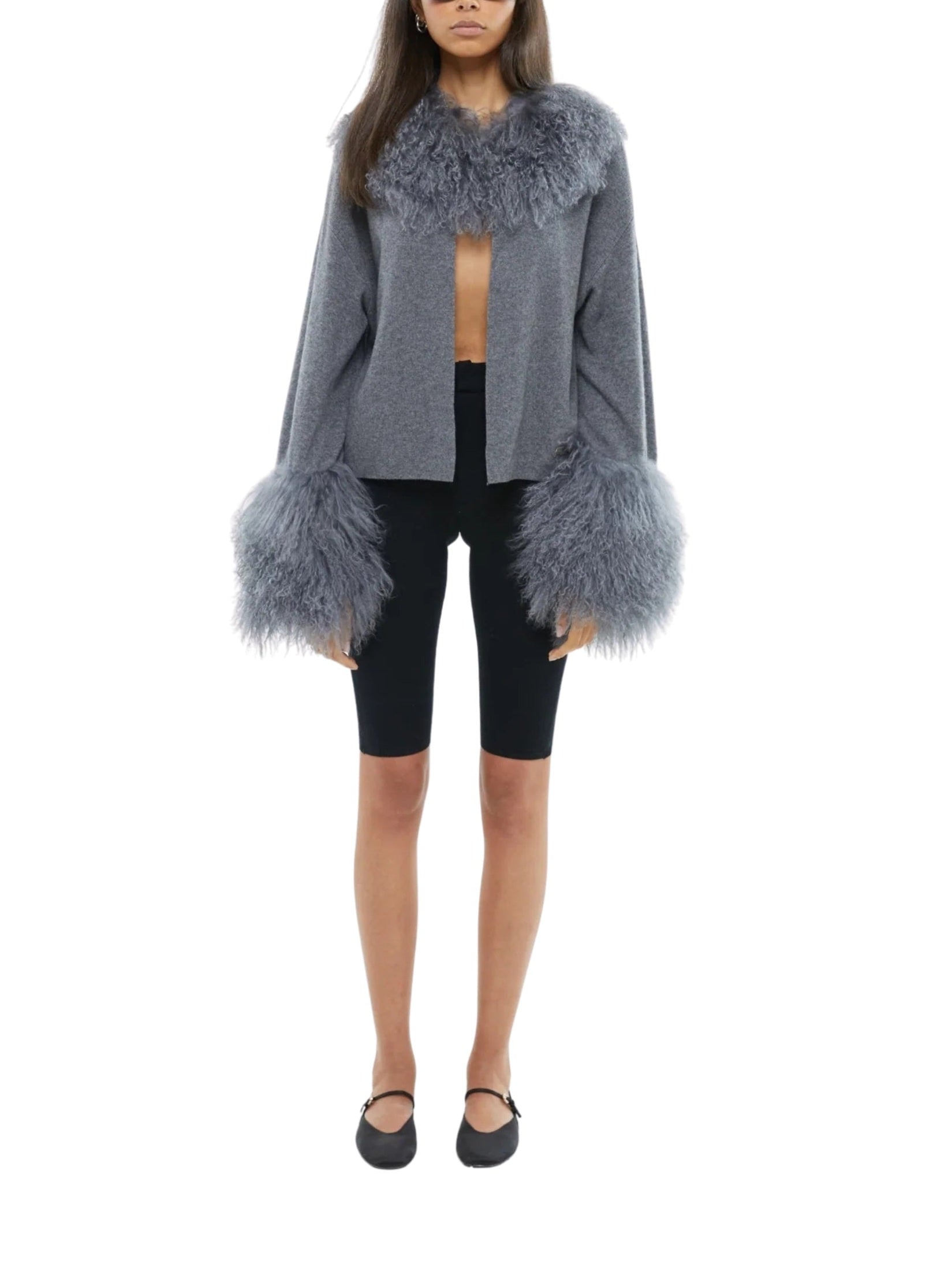 The cable knit jacket with shearling collar & cuffs in storm