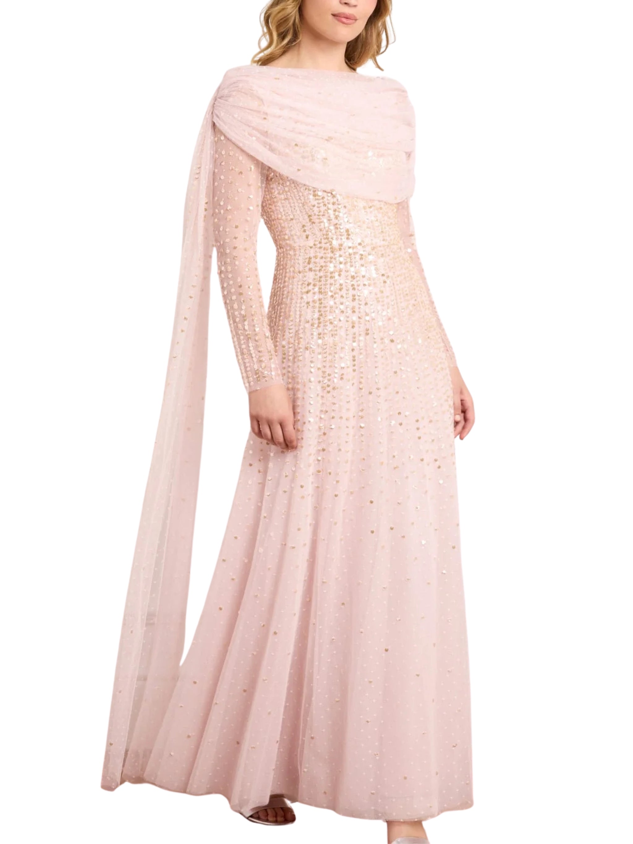 Moonlight sequin draped long sleeve gown