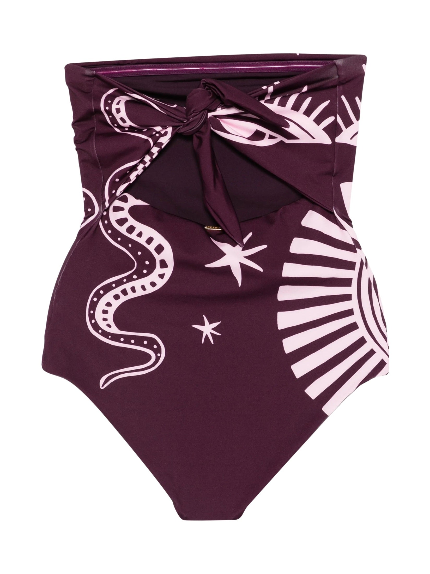 Straight neck one piece with tie detail in back and low leg opening