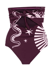 Straight neck one piece with tie detail in back and low leg opening