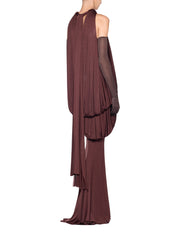 Long voluminous dress featuring a two-layer draped bodice accented with premium metal hardware details