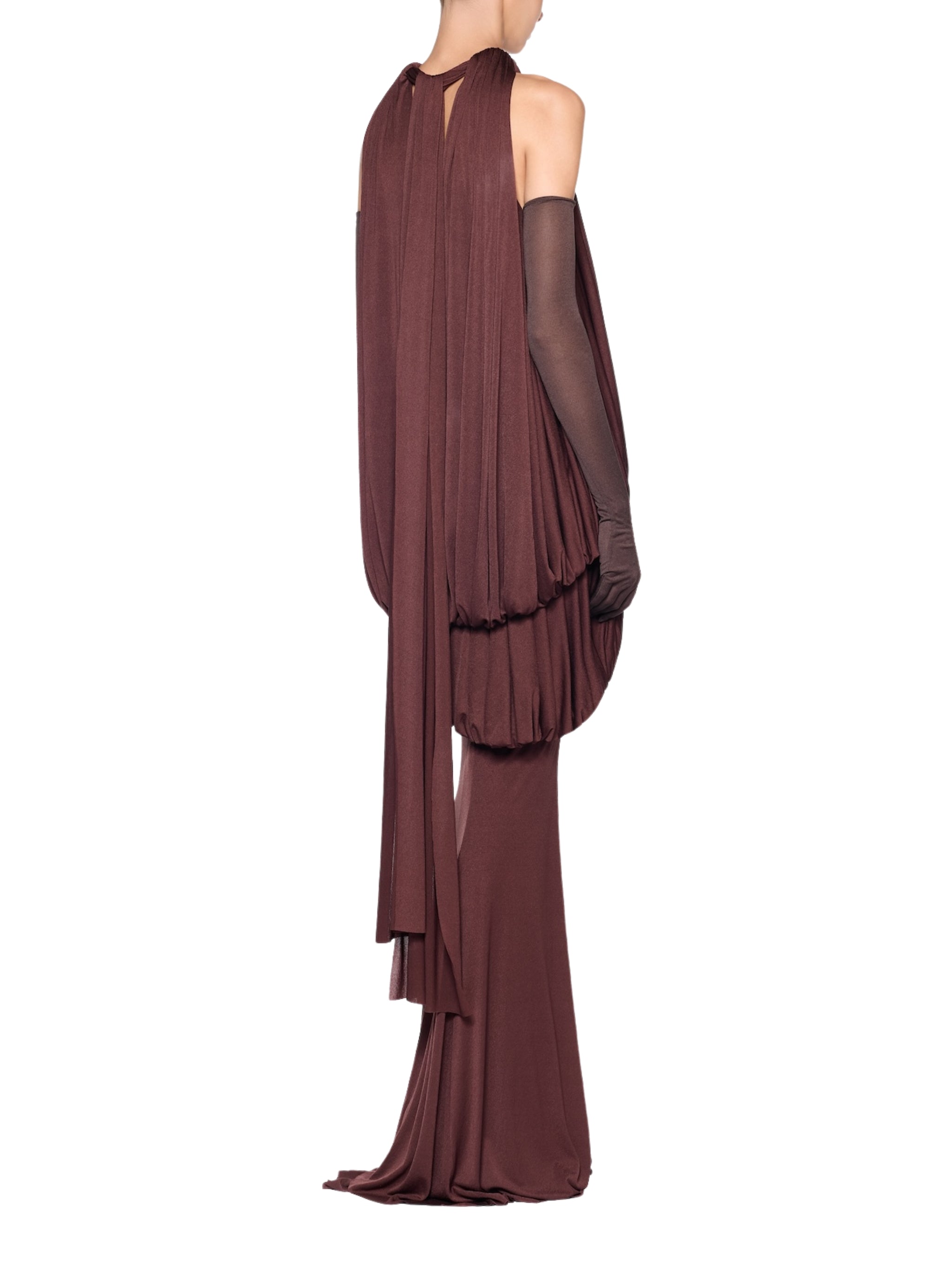 Long voluminous dress featuring a two-layer draped bodice accented with premium metal hardware details