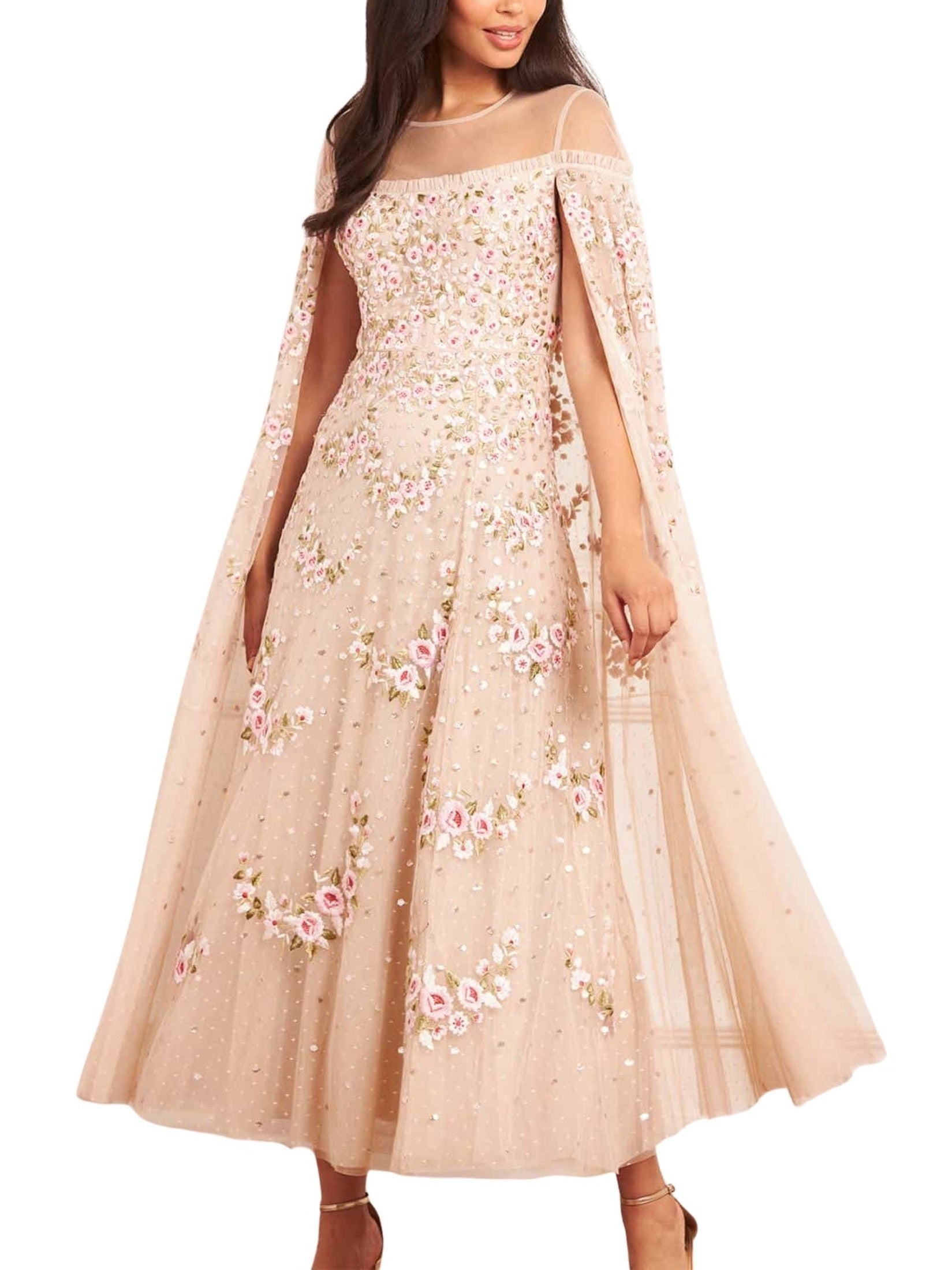 Crescent roses cape ankle gown