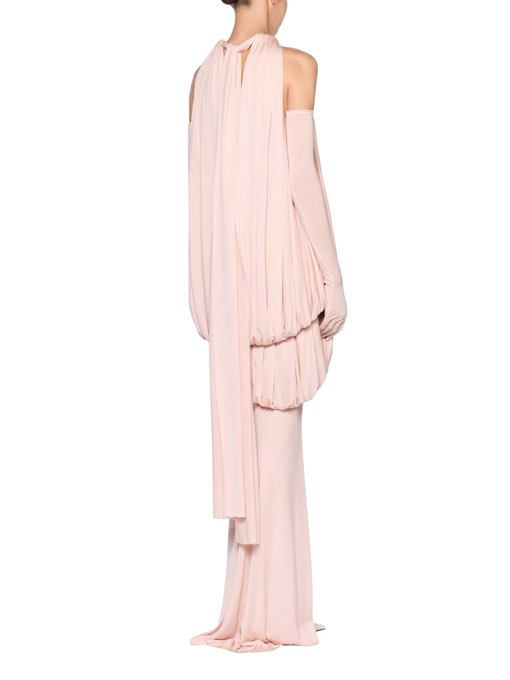 Long voluminous dress featuring a two-layer draped bodice accented with premium metal hardware details