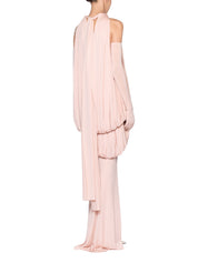 Long voluminous dress featuring a two-layer draped bodice accented with premium metal hardware details