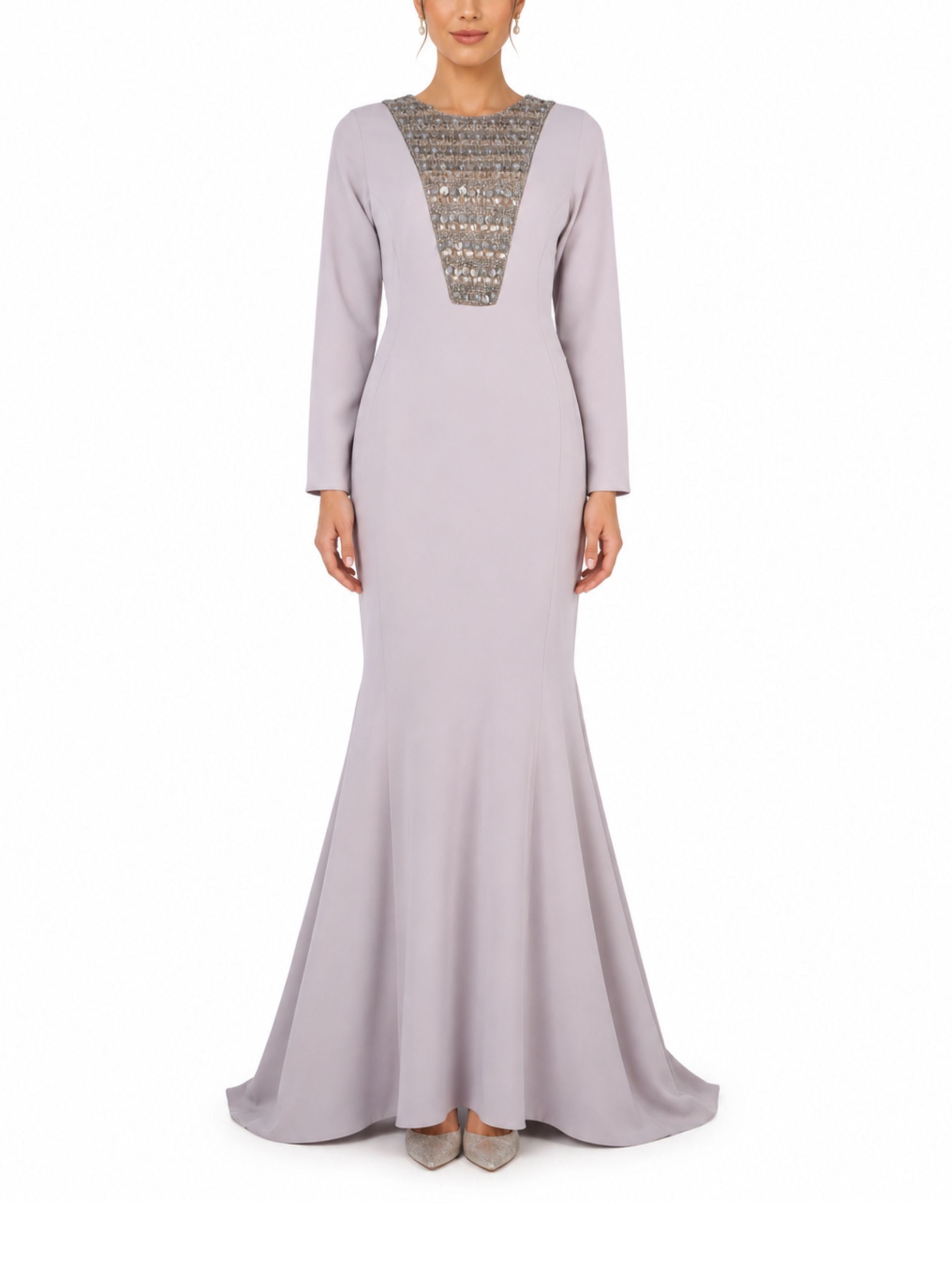 Hand embroiderd chest long sleeves off shoulder dress full cover modest dress fish cut