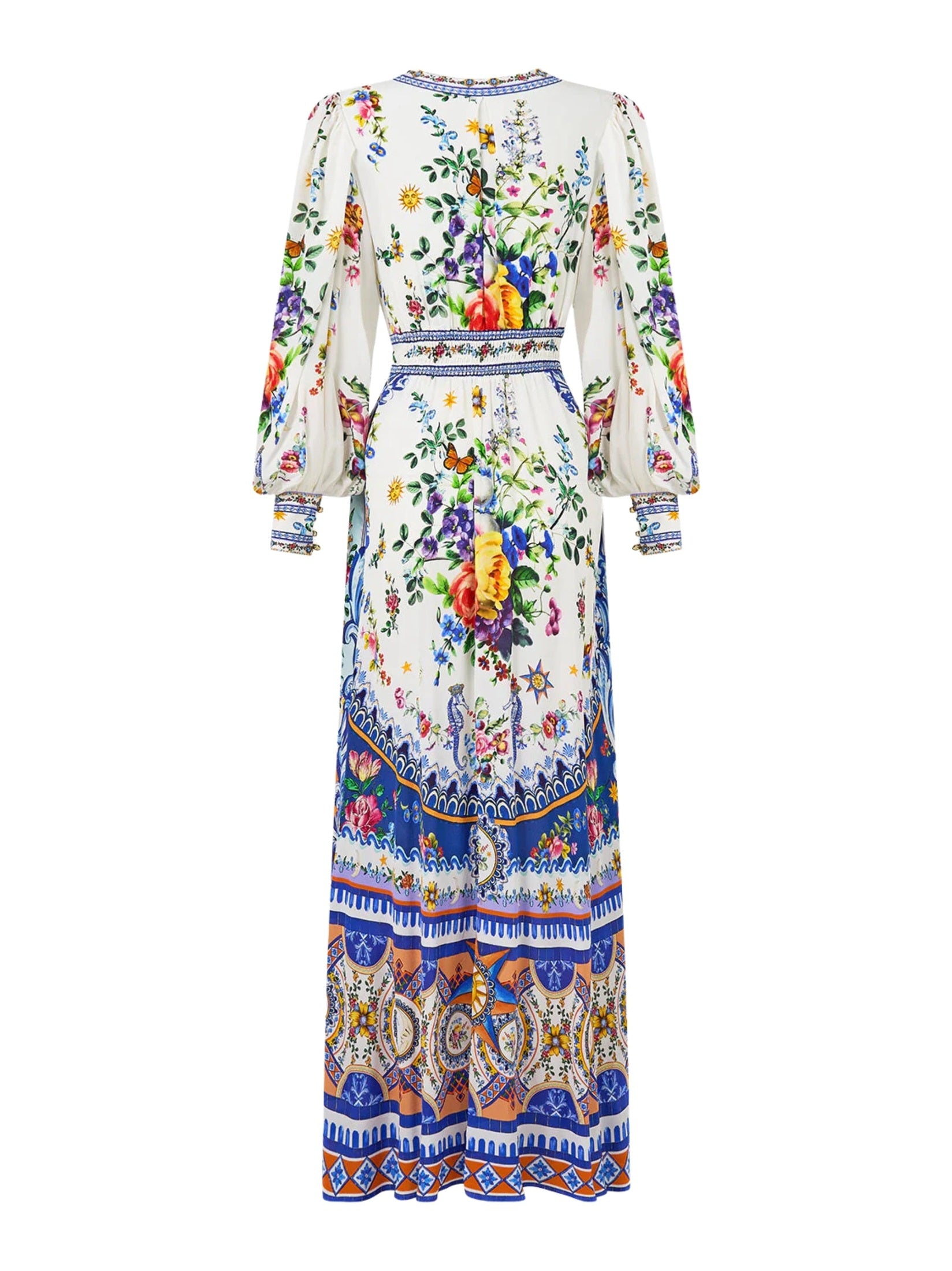 Shaped waistband dress with gathered sleeves